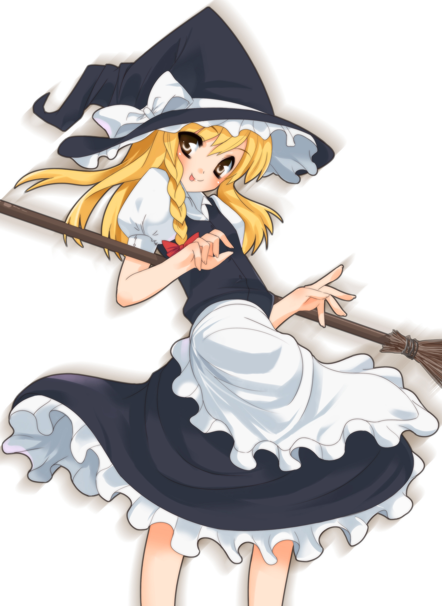 shouji ayumu, kirisame marisa, team shanghai alice, touhou, highres, 1girl, :p, blonde hair, braid, broom, female focus, gradient background, hat, short hair, solo, tongue, tongue out, white background, witch, witch hat, yellow eyes