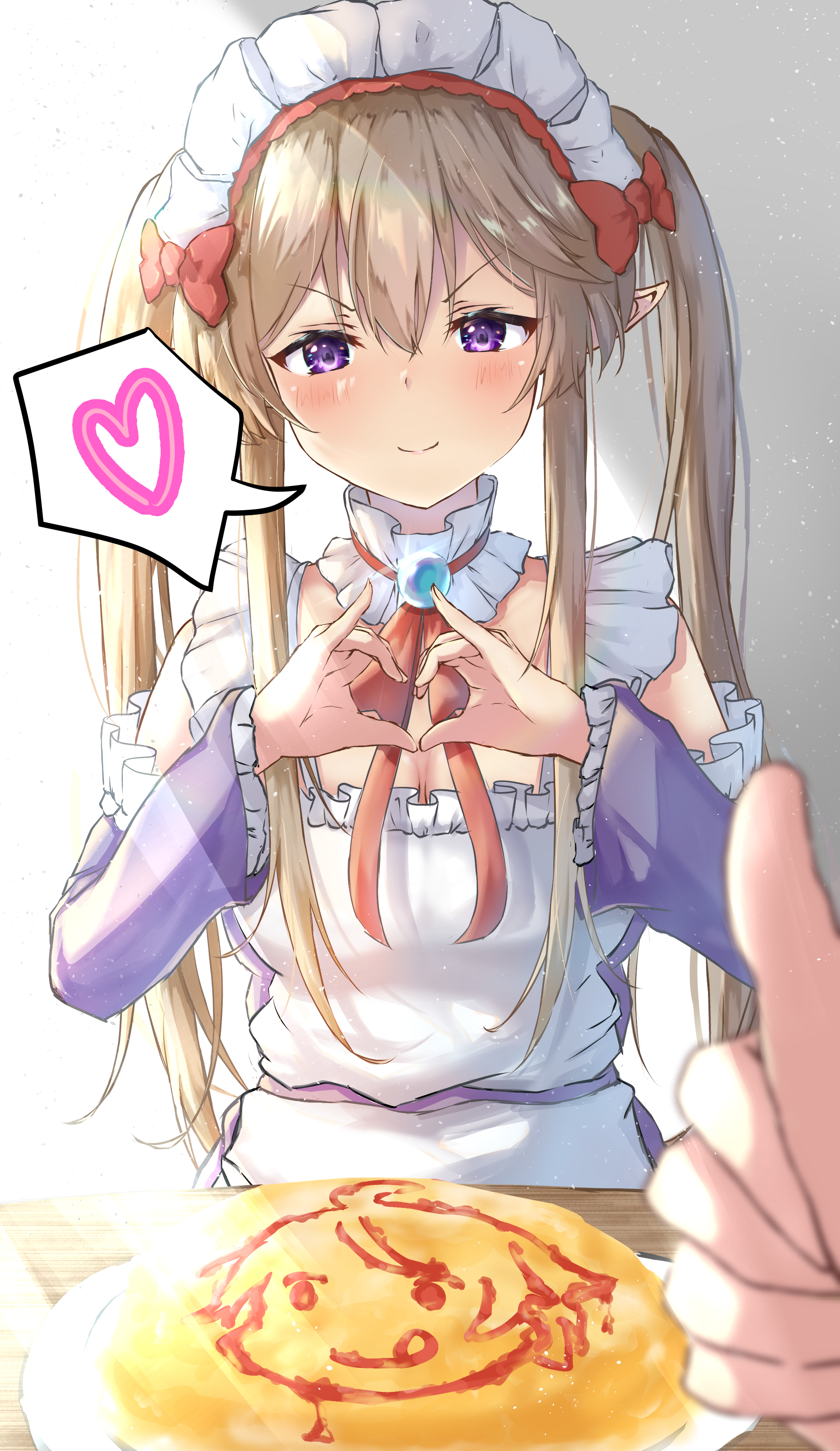 tatika714, myucel foalan, outbreak company, absurdres, commentary request, highres, >:), 1girl, 1other, apron, bare shoulders, blurry, blush, bow, brown hair, choker, closed mouth, cowboy shot, depth of field, detached sleeves, elf, food, frilled apron, frilled choker, frilled sleeves, frills, hair between eyes, hair bow, hands up, heart, heart hands, ketchup, long hair, long sleeves, looking at viewer, maid, maid apron, maid headdress, neck ribbon, omelet, omurice, pinky out, pointy ears, pov, pov hands, purple eyes, red bow, red choker, red ribbon, ribbon, sidelighting, sidelocks, simple background, smile, smug, solo focus, straight hair, thumbs up, twintails, v-shaped eyebrows, very long hair, white apron, white background, wide sleeves