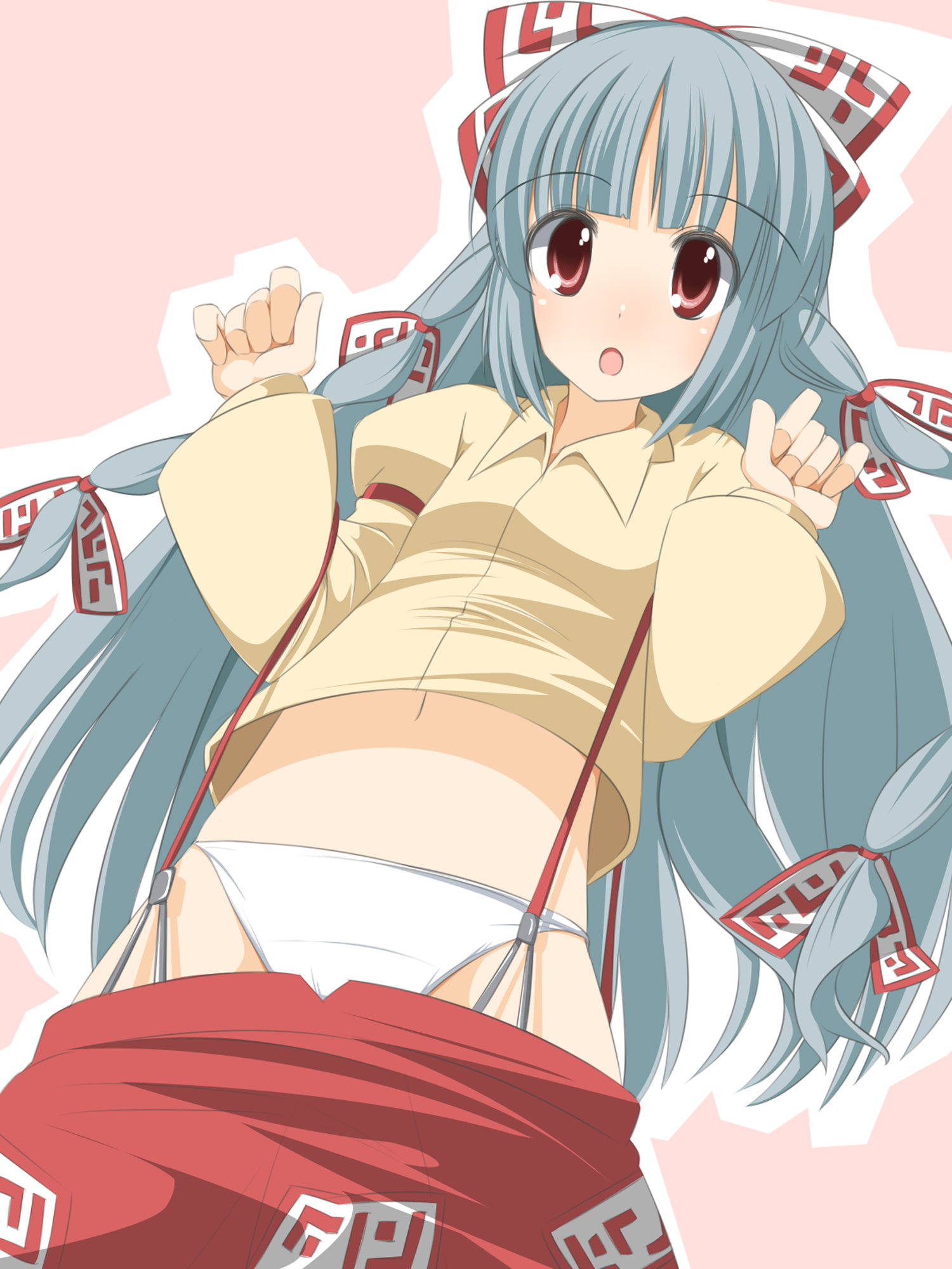 shouji ayumu, fujiwara no mokou, team shanghai alice, touhou, silver hair, highres, 1girl, bow, female focus, hair bow, hair ribbon, long hair, midriff, multiple hair bows, navel, ofuda, panties, pants, red eyes, ribbon, solo, suspenders, underwear