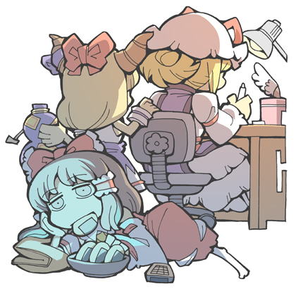 hounori, hakurei reimu, ibuki suika, yakumo yukari, touhou, lowres, 3girls, alternate hairstyle, behind another, blonde hair, bow, brown hair, chair, controller, desk, desk lamp, detached sleeves, dress, expressionless, female focus, gourd, hair bow, hair bun, hair tie, hair tubes, hair up, hat, hat ribbon, horn bow, horn ornament, horns, lamp, long hair, long sleeves, mob cap, mouth hold, multiple girls, outline, pen, pillow, purple skirt, red skirt, remote control, ribbon, ribbon-trimmed sleeves, ribbon trim, shirt, sidelocks, simple background, single hair bun, sitting, skirt, sleeveless, sleeveless shirt, tabard, watching, white background, white dress, writing
