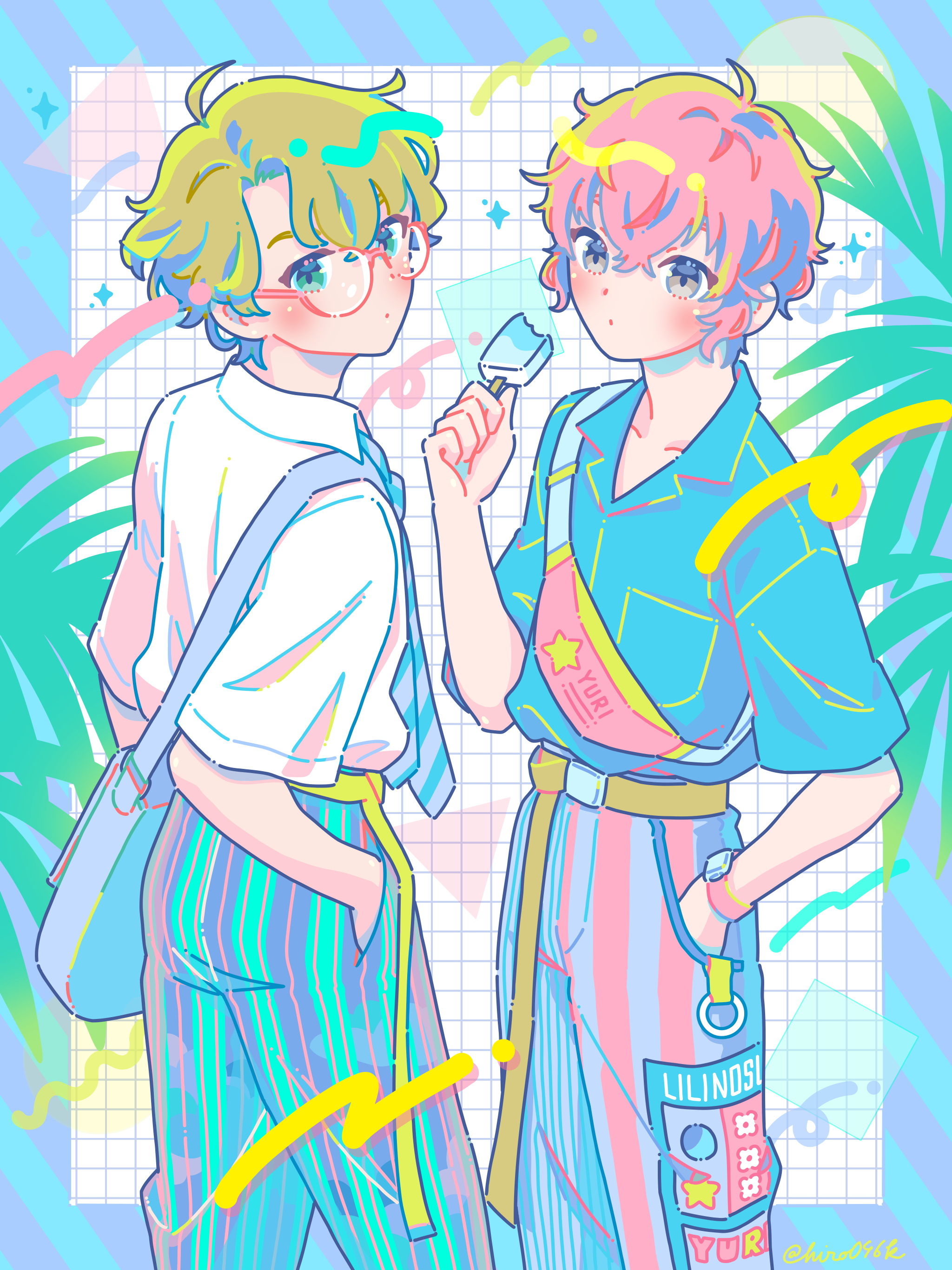 hiro046k, absurdres, commentary request, copyright request, highres, 2boys, :o, blue background, blue pants, blue shirt, collared shirt, diagonal-striped background, food, glasses, green eyes, green hair, green pants, grey eyes, grid background, hand in pocket, holding, holding food, holding ice cream, ice cream, looking at viewer, looking back, male focus, multiple boys, pants, pink hair, pink pants, purple background, shirt, short hair, short sleeves, striped background, striped clothes, striped pants, tree, twitter username, vertical-striped clothes, vertical-striped pants, watch, white background, white shirt, wristwatch