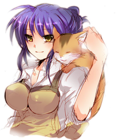 kurohara yuu, sagara misae, clannad, lowres, non-web source, 00s, 1girl, breasts, cat, female focus, large breasts, long hair, purple hair, shirt, sleeves rolled up, smile, solo, white shirt, yellow eyes
