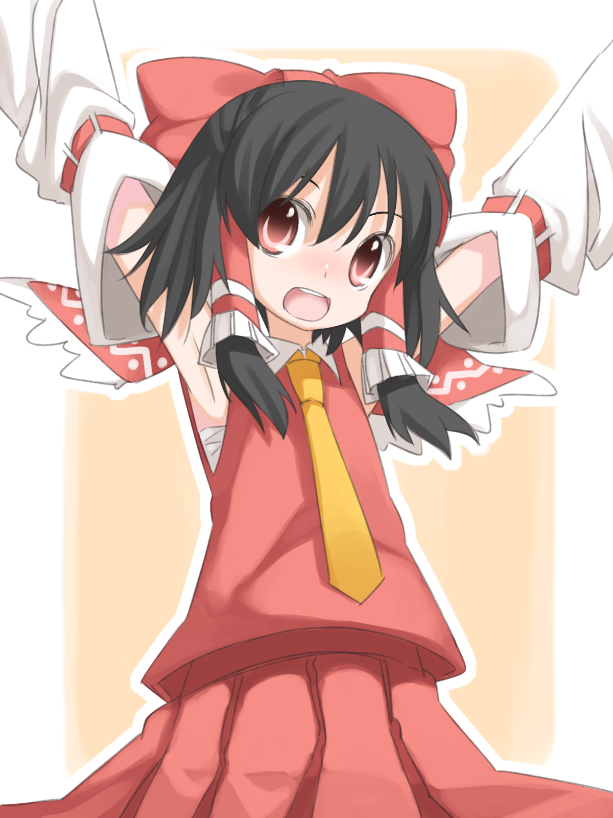 shouji ayumu, hakurei reimu, team shanghai alice, touhou, highres, 1girl, armpits, arms up, black hair, bow, detached sleeves, female focus, hair bow, japanese clothes, miko, red eyes, sarashi, short hair, solo
