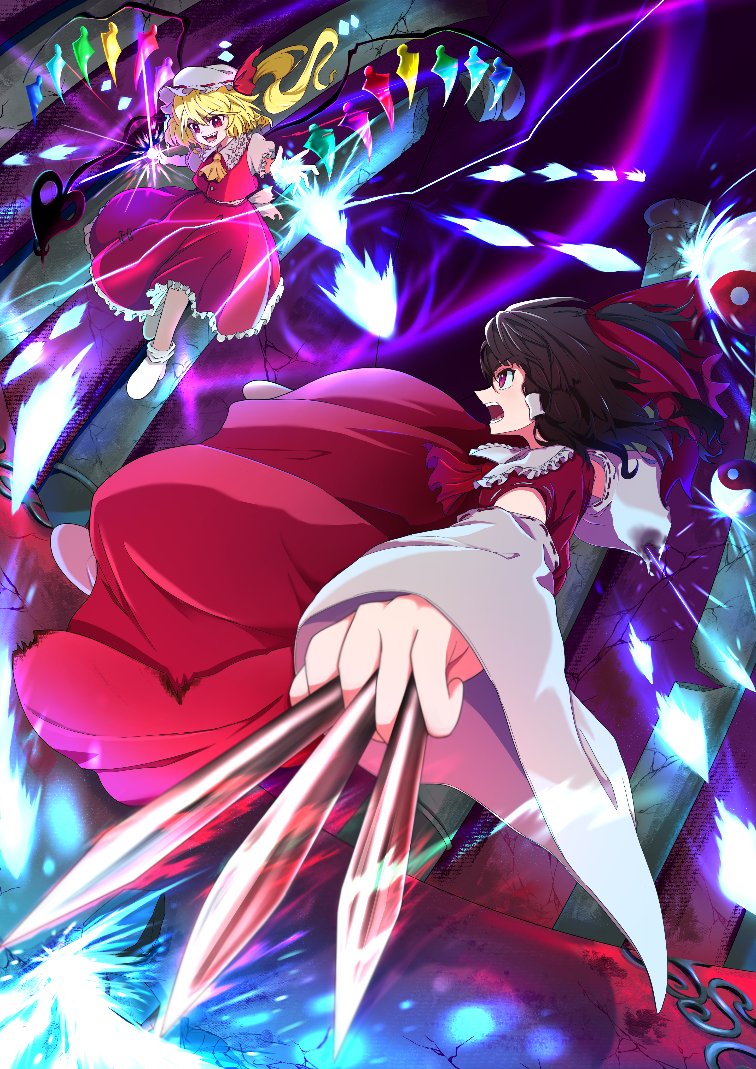 guminemi, flandre scarlet, hakurei reimu, embodiment of scarlet devil, touhou, absurdres, commentary, highres, 2girls, ascot, battle, between fingers, blonde hair, bow, broken pillar, brown hair, collared shirt, crystal, crystal wings, danmaku, detached sleeves, duel, energy bullet, frilled shirt collar, frilled skirt, frills, hair bow, hair tubes, hat, hat ribbon, holding, laevatein (touhou), long hair, mob cap, multicolored wings, multiple girls, needle, one side up, open mouth, orb, puffy short sleeves, puffy sleeves, red ascot, red bow, red eyes, red skirt, red vest, ribbon, ribbon-trimmed sleeves, ribbon trim, shirt, short sleeves, skirt, skirt set, smile, throwing needles, vest, white hat, wings, yellow ascot, yin yang, yin yang orb