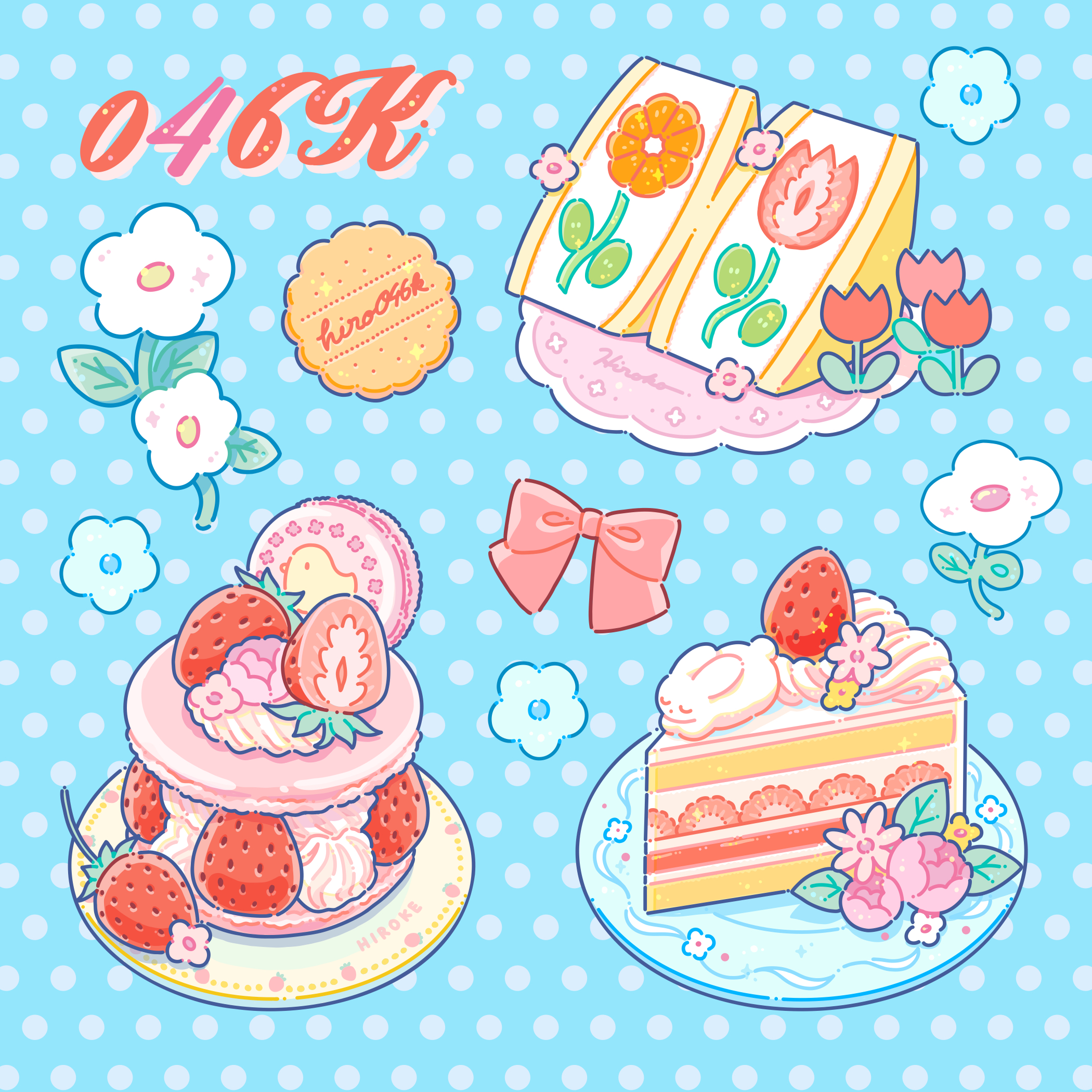 hiro046k, original, commentary request, highres, blue background, bow, cake, candy, cookie, flower, food, food focus, fruit, fruit sandwich, macaron, orange (fruit), orange slice, plaid clothes, polka dot, polka dot background, red bow, strawberry, strawberry sandwich, strawberry shortcake, sweets, white flower
