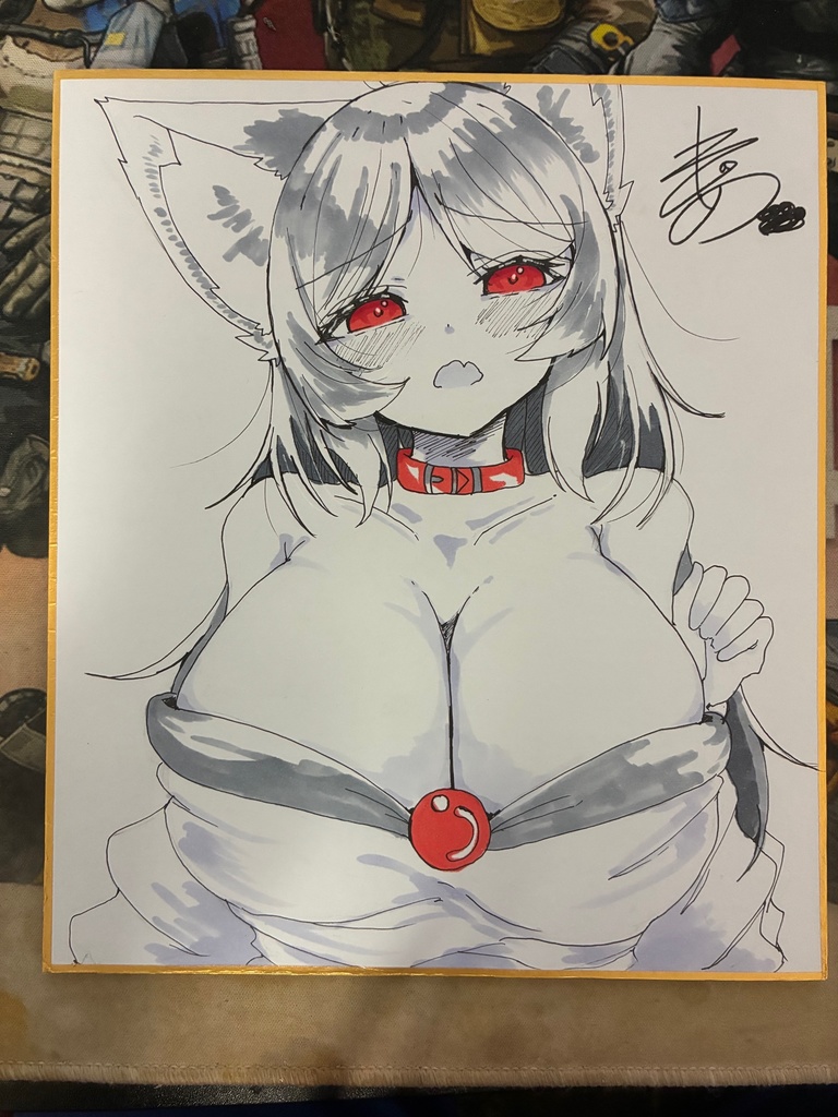 regua, imaizumi kagerou, touhou, commentary request, 1girl, animal collar, animal ears, black hair, black trim, blush, breasts, brooch, cleavage, collar, collarbone, dress, fang, gem, huge breasts, jewelry, long hair, looking at viewer, monochrome, off-shoulder dress, off shoulder, open mouth, parted bangs, raised inner eyebrows, red collar, red eyes, red gemstone, shikishi, signature, skin fang, solo, spot color, upper body, white dress, wolf ears, wolf girl