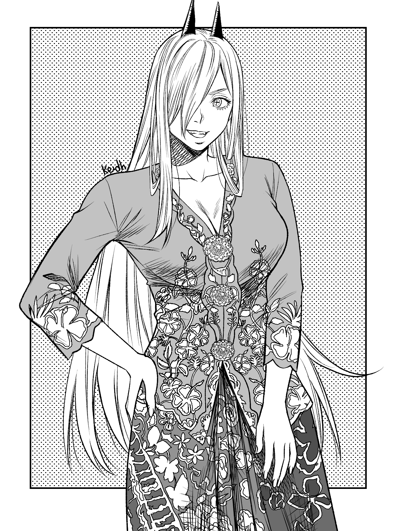 kei dragonsheaven, power (chainsaw man), chainsaw man, commentary, english commentary, highres, 1girl, artist name, breasts, cleavage, cross-shaped pupils, crosshatching, floral print, hair over one eye, hatching (texture), horns, kebaya, long hair, smile, symbol-shaped pupils