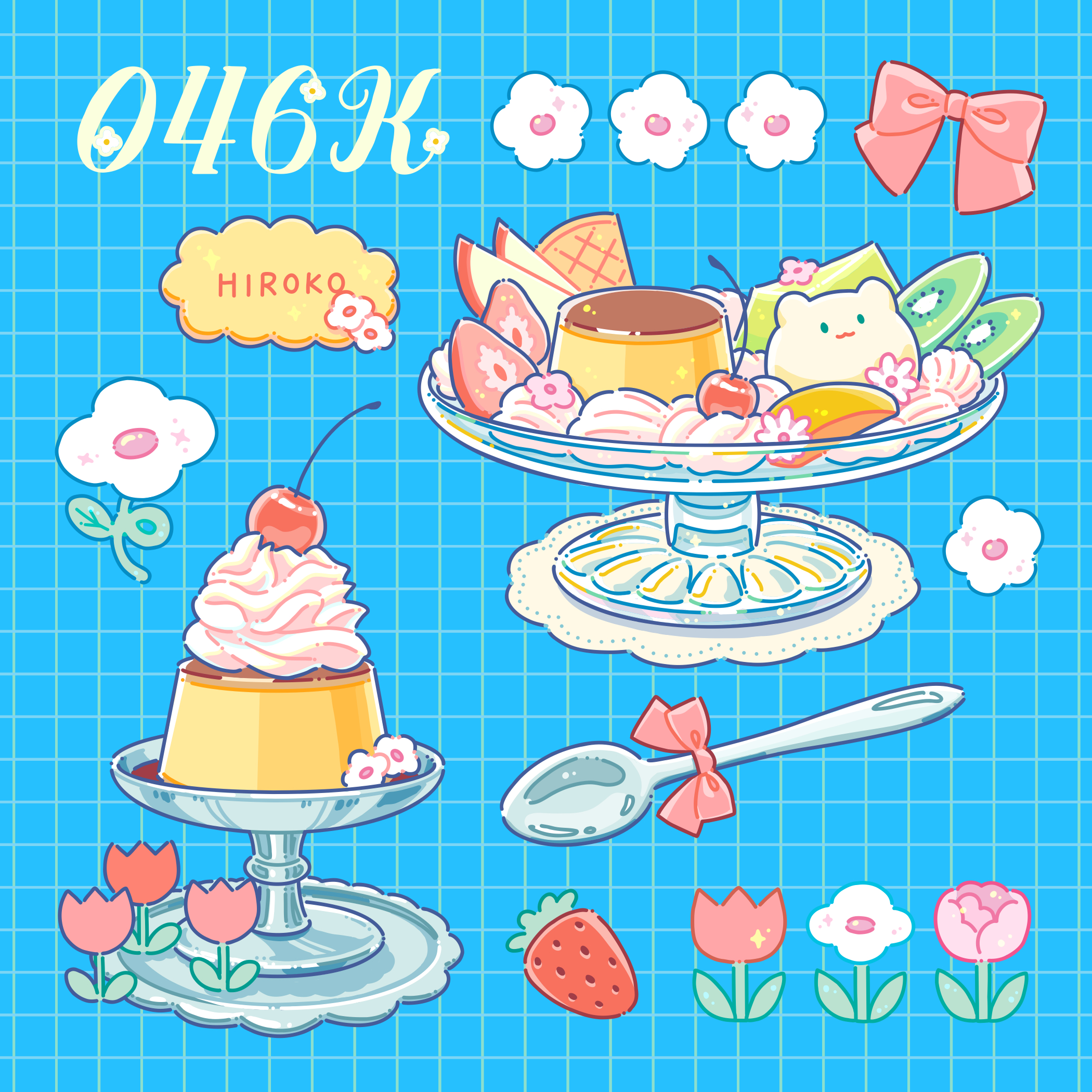 hiro046k, original, commentary request, highres, apple, apple slice, artist name, blue background, bow, candy, cherry, cookie, denim, denim shorts, flower, food, food focus, fruit, grid background, kiwi (fruit), kiwi slice, pink bow, pink flower, plate, pudding, pudding a la mode, shorts, spoon, strawberry, sweets, tulip, whipped cream, white flower
