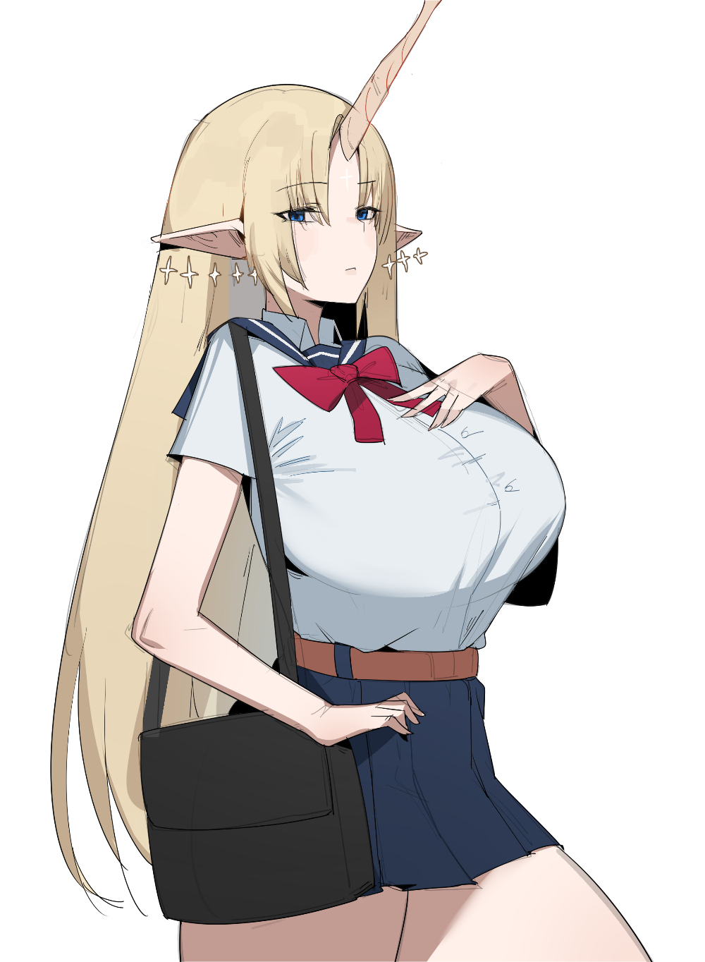 dr octojuice, fleurdelys (wuthering waves), wuthering waves, commentary, highres, symbol-only commentary, 1girl, alternate costume, black skirt, blue eyes, bow, bowtie, breasts, closed mouth, cowboy shot, crop top, earrings, floating earrings, hand on own chest, horns, huge breasts, jewelry, long pointy ears, looking at viewer, parted bangs, pointy ears, red bow, red bowtie, shirt tucked in, short sleeves, simple background, single horn, skirt, solo, tacet mark (wuthering waves), thighs, white background, yellow horns