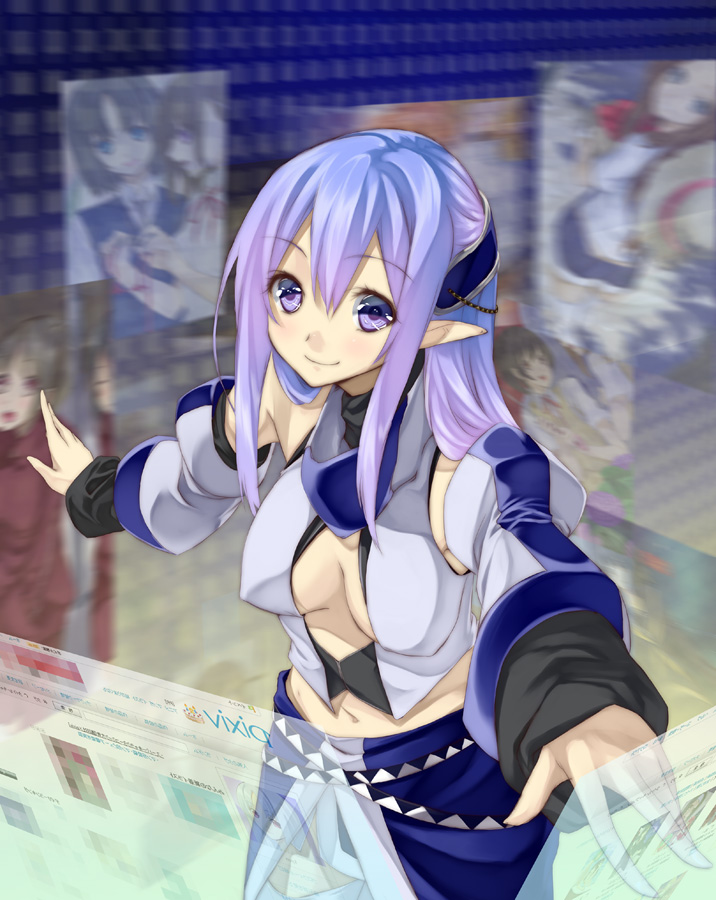 unowen, pixiv-tan, pixiv, 1girl, blue eyes, blue hair, cleavage cutout, clothing cutout, female focus, matching hair/eyes, midriff, navel, pointy ears, solo