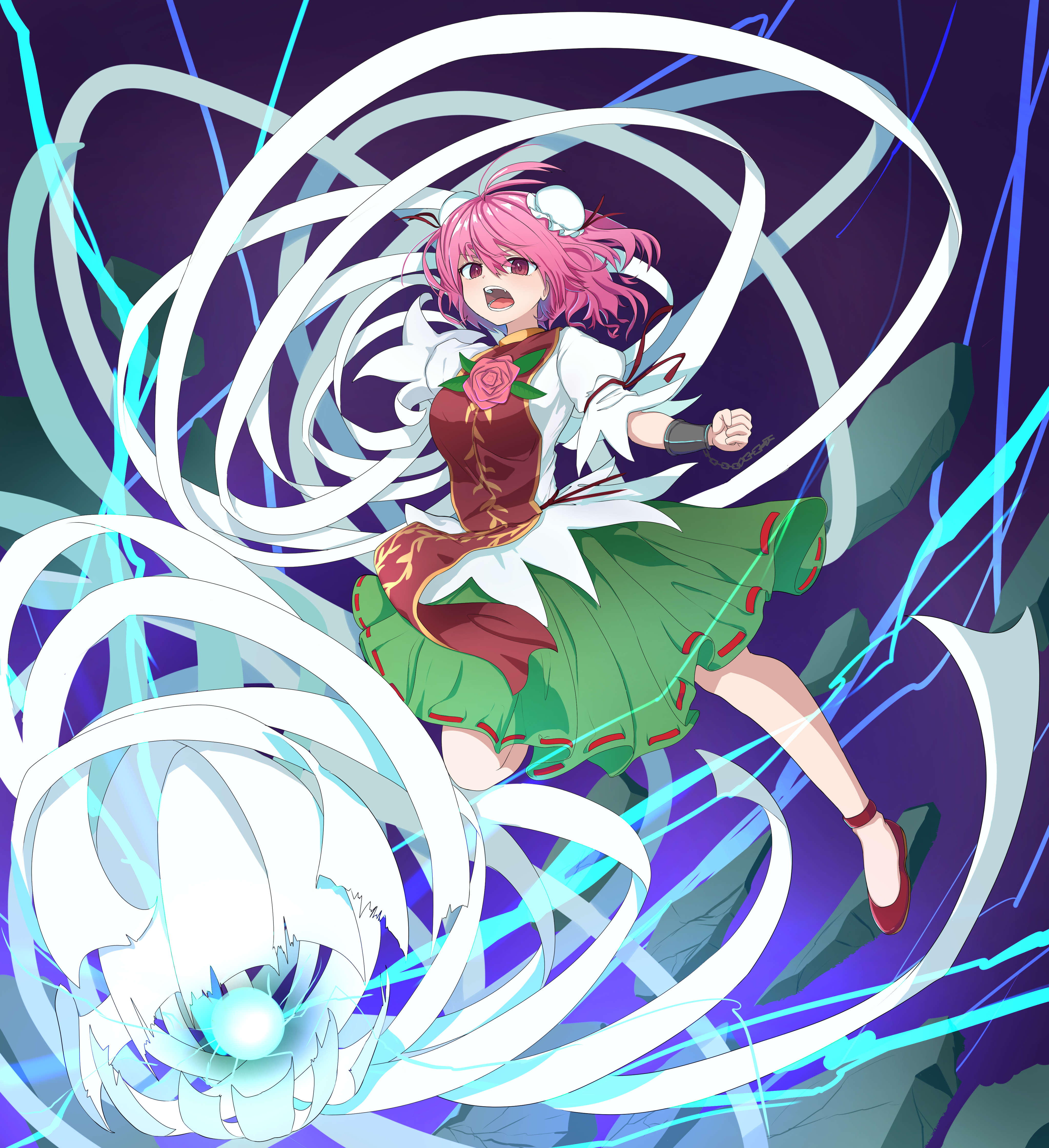 guminemi, ibaraki kasen, touhou, absurdres, commentary request, highres, 1girl, bandaged arm, bandages, breasts, bun cover, chain, cuffs, double bun, false arm, flower, full body, green skirt, hair bun, leg up, looking at viewer, open mouth, pink eyes, pink flower, pink hair, pink rose, puffy short sleeves, puffy sleeves, red shoes, red tabard, ribbon-trimmed skirt, ribbon trim, rose, shackles, shirt, shoes, short sleeves, skirt, solo, tabard, white shirt