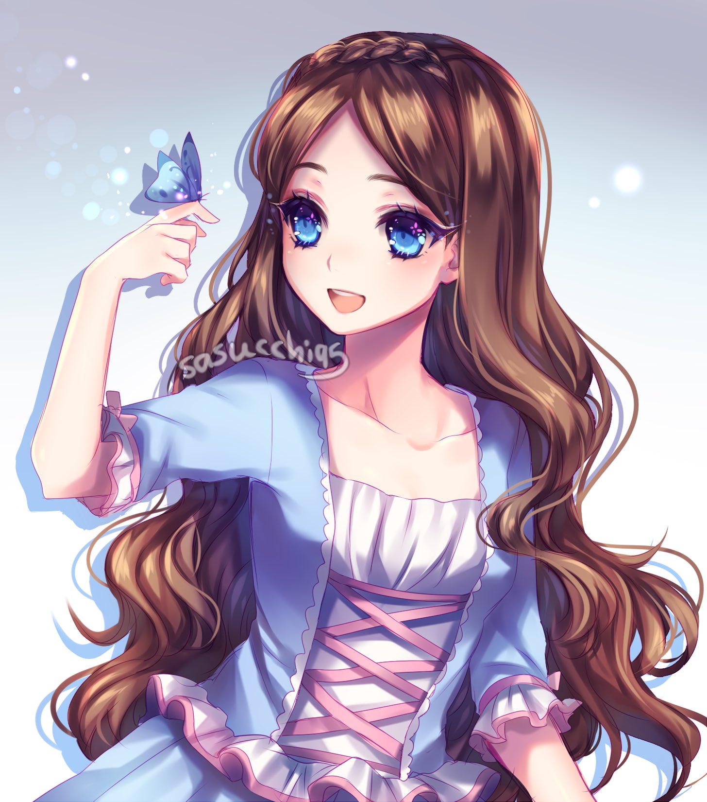 sasucchi95, barbie (character), erika (barbie), barbie (franchise), barbie as the princess and the pauper, commentary, english commentary, highres, 1girl, :d, animification, aristocratic clothes, arm at side, artist name, blue background, blue butterfly, blue dress, blue eyes, blush, braid, breasts, brown hair, bug, butterfly, butterfly on hand, collarbone, cross-laced clothes, cross-laced dress, dress, drop shadow, from side, gradient background, hair behind ear, insect, long hair, looking at animal, open mouth, parted bangs, short sleeves, simple background, single braid, small breasts, smile, solo, teeth, tongue, upper body, upper teeth only, victorian, wavy hair, white background
