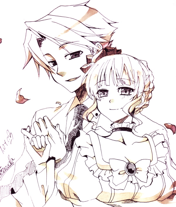 komo da, beatrice (umineko), ushiromiya battler, umineko no naku koro ni, 00s, 1boy, 1girl, braid, breasts, choker, cleavage, couple, dress, formal clothes, frills, gathers, hair up, hetero, large breasts, monochrome, multiple monochrome, necktie, petals, pinky swear, smile, suit