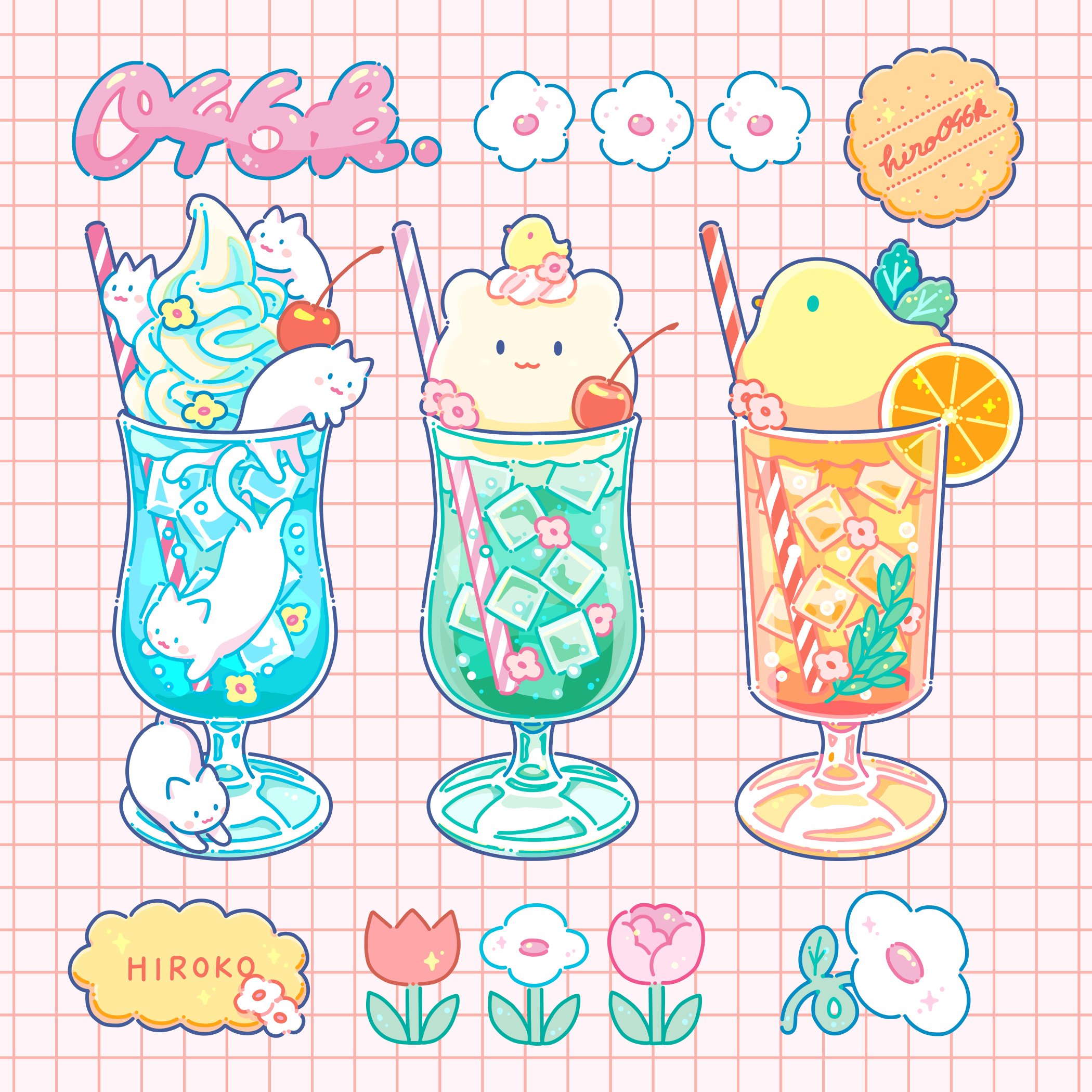 hiro046k, original, commentary request, highres, animal ears, artist name, cat, cherry, cookie, cup, drinking straw, flower, food, food focus, fruit, grid background, ice cream, ice cream float, in container, in cup, melon soda, orange (fruit), orange slice, pink background, pink flower, red flower, smile, soda, sweets, tulip, twitter username, whipped cream, white cat, white flower