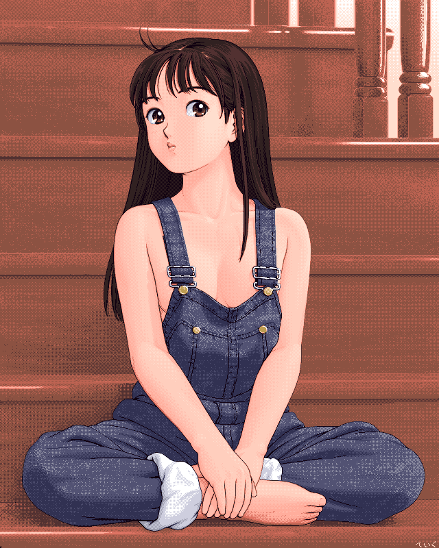teiku (take), archived source, character request, commentary request, copyright request, 1990s (style), 1girl, artist name, bare arms, bare shoulders, barefoot, breasts, brown eyes, brown hair, closed mouth, denim, denim overalls, dithering, full body, indian style, indoors, long hair, looking at viewer, looking back, naked overalls, no bra, on stairs, overalls, own hands together, pc-98 (style), pixel art, pout, railing, retro artstyle, signature, sitting, sitting on stairs, small breasts, solo, stairs, straight-on, v arms, wooden stairs