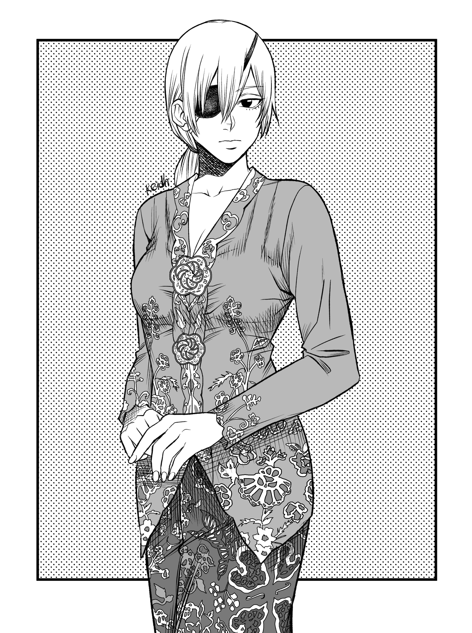 kei dragonsheaven, quanxi (chainsaw man), chainsaw man, commentary, english commentary, highres, 1girl, breasts, cleavage, crosshatching, eyepatch, floral print, hatching (texture), kebaya, long hair, ponytail, solo, white hair