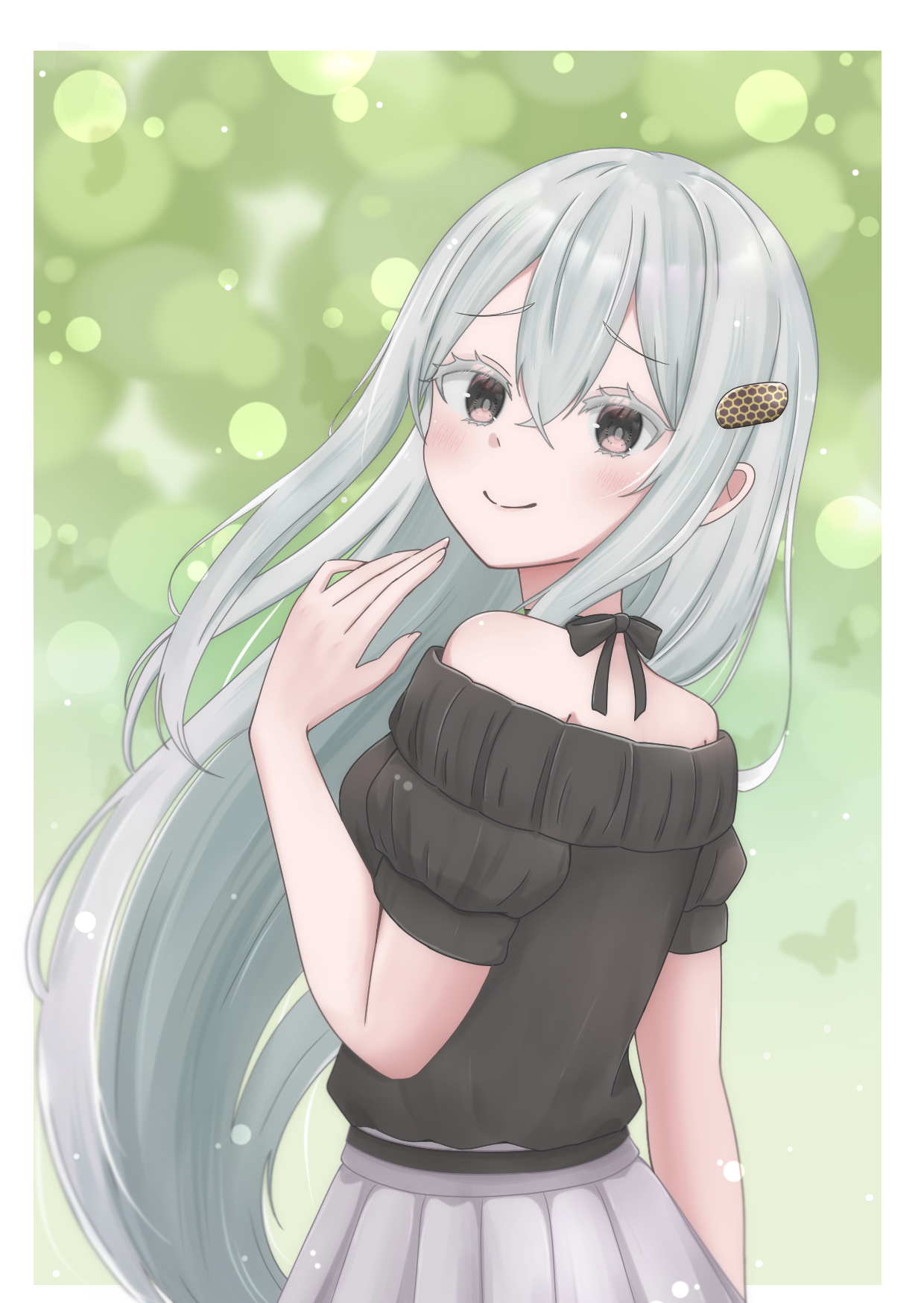 cph2319, echidna (re:zero), re:zero kara hajimeru isekai seikatsu, commentary request, highres, 1girl, bare shoulders, black eyes, black ribbon, black shirt, black sweater, blush, border, choker, closed mouth, colored eyelashes, crossed bangs, from behind, grey eyes, grey hair, grey skirt, hair between eyes, hair ornament, hairclip, hand up, long hair, looking at viewer, looking back, off-shoulder shirt, off shoulder, pleated skirt, ribbon, ribbon choker, shirt, short sleeves, skirt, smile, solo, sweater, very long hair, white border, white hair