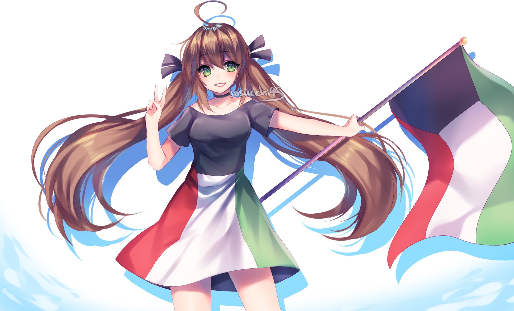 sasucchi95, original, commentary, english commentary, highres, 1girl, :d, ahoge, artist name, bare arms, bare shoulders, black bow, black choker, black shirt, blush, bow, breasts, brown hair, choker, collarbone, cowboy shot, double-parted bangs, drop shadow, facing viewer, flag, green eyes, green skirt, grin, hair between eyes, hair bow, holding, holding flag, huge ahoge, kuwaiti flag, long hair, looking to the side, medium skirt, off-shoulder shirt, off shoulder, open mouth, outstretched arm, red skirt, shirt, short sleeves, simple background, skirt, small breasts, smile, solo, standing, tareme, twintails, v, very long hair, white background, white skirt