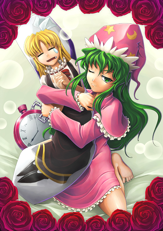 koto tsubane, kazami yuuka, kazami yuuka (pc-98), kurumi (touhou), lotus land story, touhou, touhou (pc-98), 1girl, :3, ;3, barefoot, bed sheet, clock, dakimakura (object), fang, female focus, flower, green eyes, green hair, hat, hugging object, kneeling, long hair, matching hair/eyes, nightcap, nightgown, one eye closed, pillow, pillow hug, red flower, red rose, rose, solo, wink