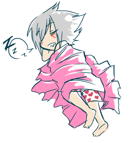 la-blanc, haseo, haseo (.hack//), .hack//, .hack//g.u., bandai, cyber connect 2, bad deviantart id, bad id, lowres, 00s, 1boy, barefoot, blanket, boxers, chibi, grey hair, heart, male focus, male underwear, sketch, sleeping, solo, underwear, zzz