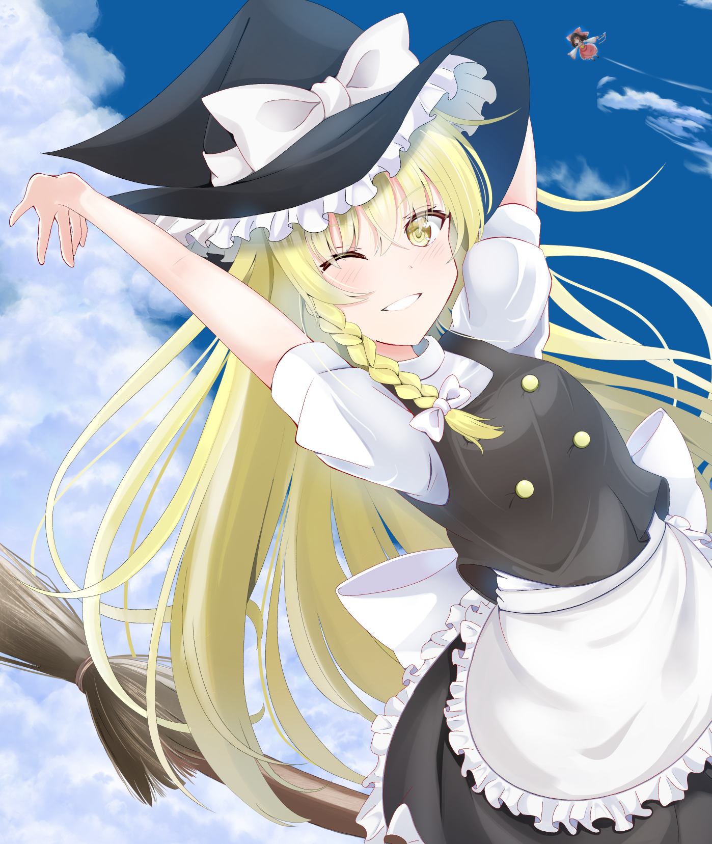 ringo002, hakurei reimu, kirisame marisa, touhou, commentary request, highres, 2girls, apron, back bow, black hat, black skirt, black vest, blonde hair, blue sky, blush, bow, braid, broom, broom riding, cloud, day, detached sleeves, floating, gohei, grin, hair bow, hat, hat bow, holding, holding gohei, long hair, looking at viewer, multiple girls, one eye closed, outdoors, puffy short sleeves, puffy sleeves, red bow, red skirt, short sleeves, side braid, single braid, skirt, skirt set, sky, smile, solo focus, very long hair, vest, waist apron, white apron, white bow, witch hat, yellow eyes