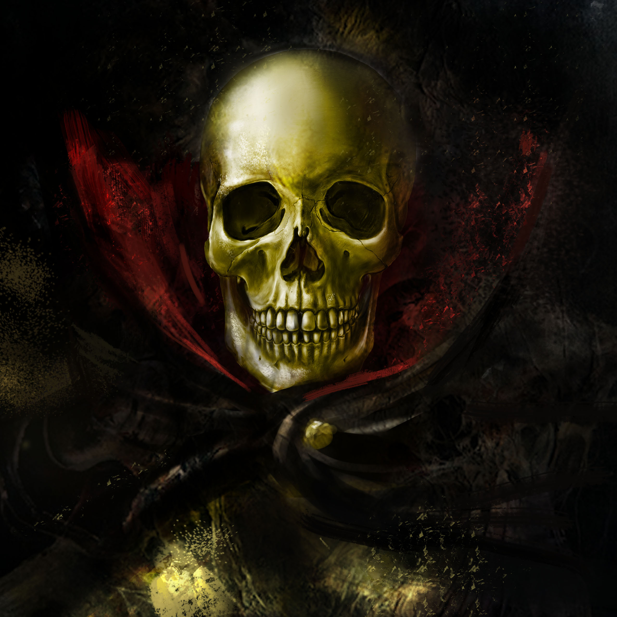 koukyou, ougon bat (character), ougon bat, commentary, highres, 1boy, black cape, buttons, cape, collared cape, colored skin, dark, gold skin, grin, looking at viewer, no pupils, portrait, realistic, skeleton, skull, smile, solo, teeth, upper body