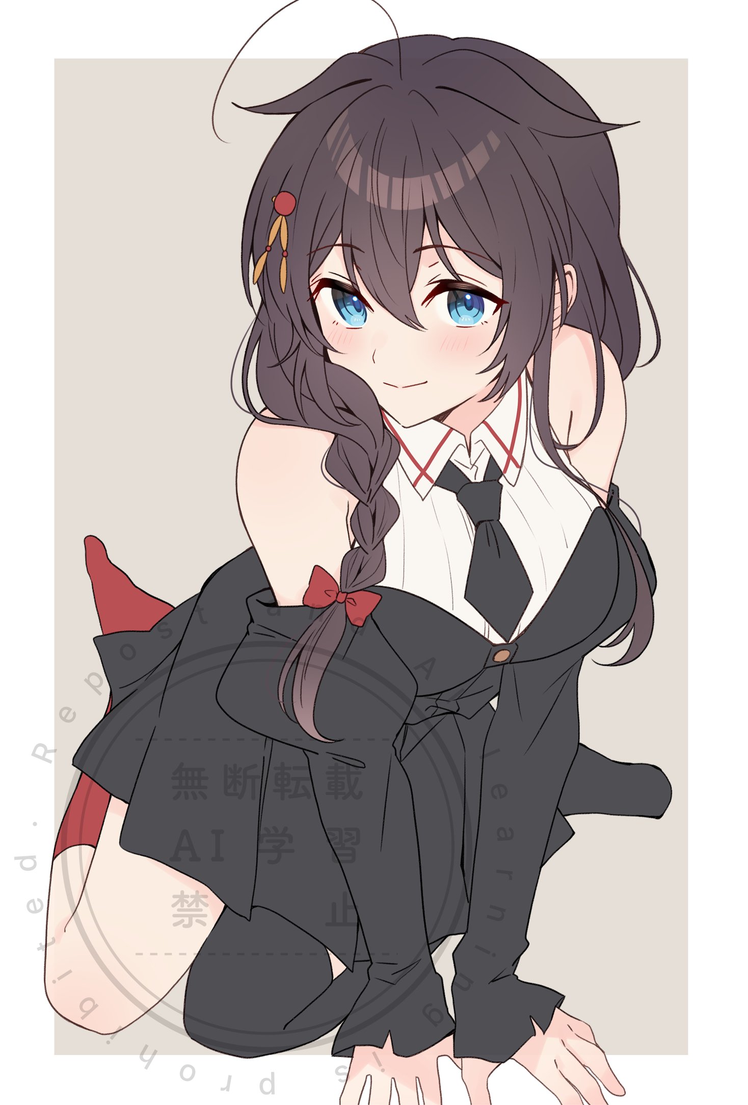 yukichi (eikichi), shigure (kancolle), shigure kai san (kancolle), kantai collection, commentary request, highres, 1girl, ahoge, all fours, asymmetrical legwear, bare shoulders, black necktie, black thighhighs, blue eyes, blush, border, braid, breasts, brown hair, detached sleeves, grey background, hair between eyes, hair flaps, hair over shoulder, long hair, looking at viewer, medium breasts, necktie, official alternate costume, red socks, shigure (yokosuka) (kancolle), simple background, single braid, single thighhigh, sitting, smile, socks, solo, thighhighs, uneven legwear, watermark, white border, yokozuwari