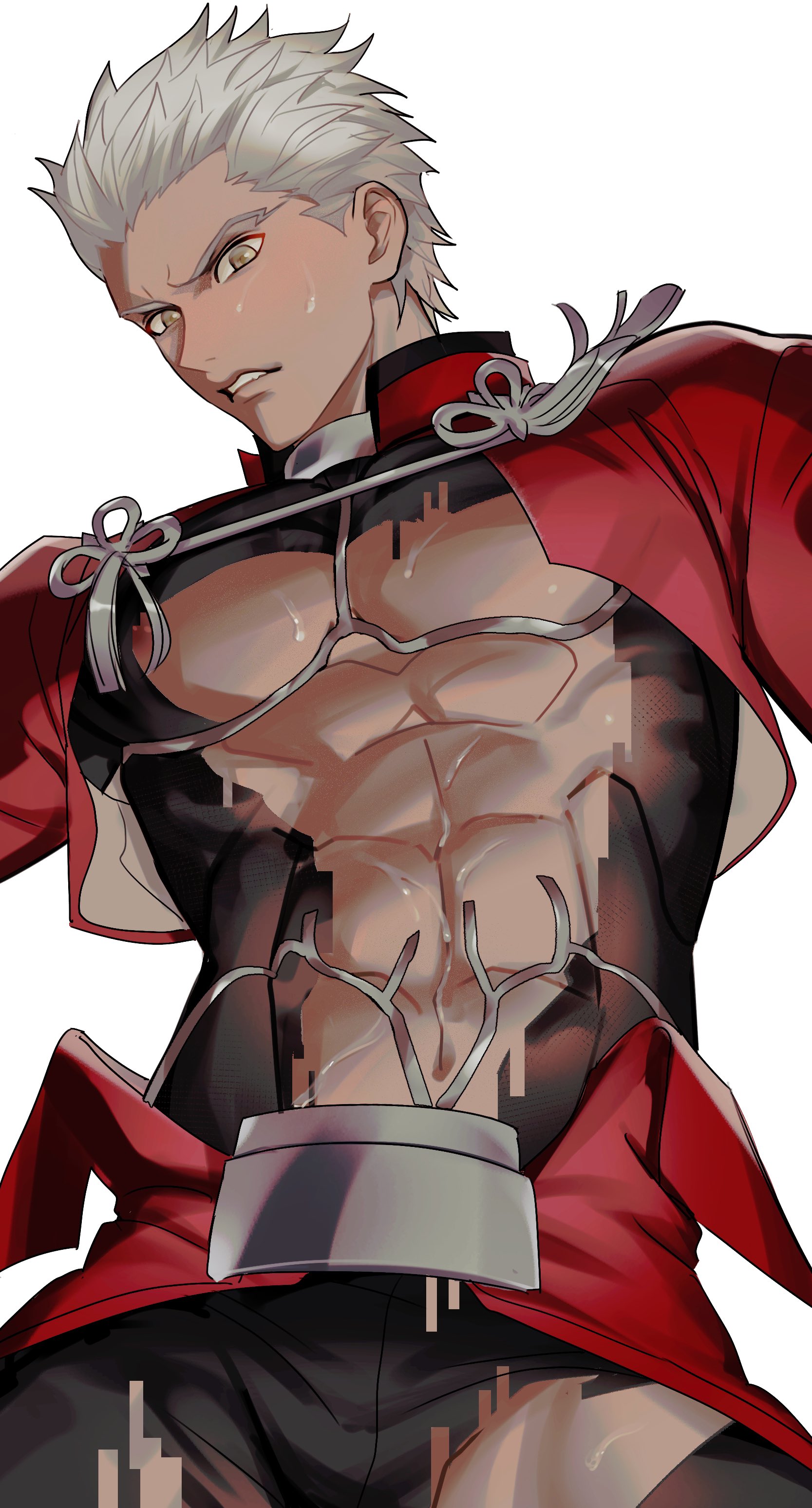 archer (fate), fate/stay night, fate (series), absurdres, commentary request, highres, 1boy, abs, armor, blush, coat, dark-skinned male, dark skin, fufudululu, male focus, muscular, muscular male, red coat, solo, spiked hair, torn clothes, white hair
