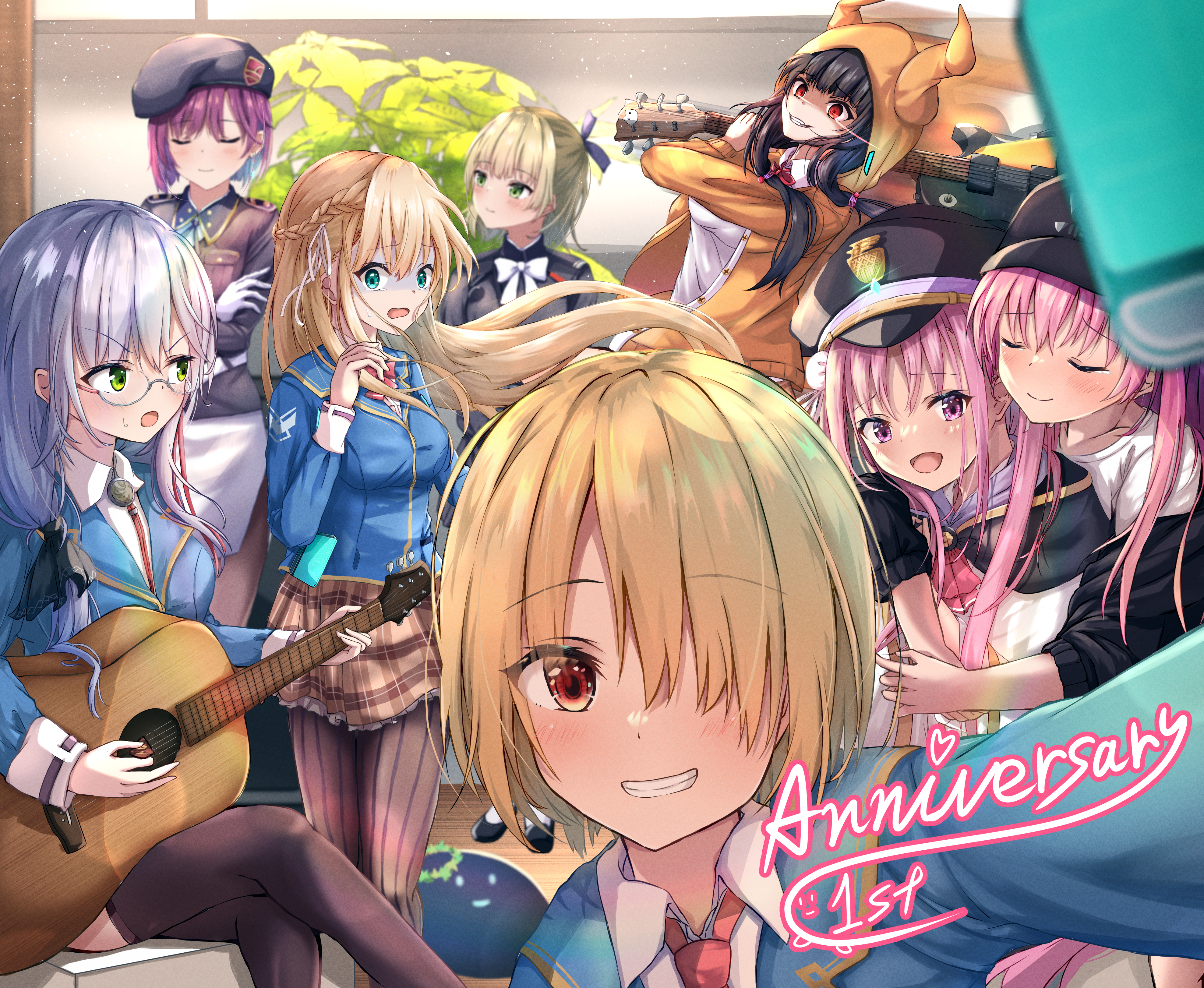 tatika714, aikawa megumi, asakura karen (heaven burns red), izumi yuki (heaven burns red), kayamori ruka, kunimi tama, nanase nanami (heaven burns red), tezuka saki, toujou tsukasa, heaven burns red, absurdres, commentary request, highres, 6+girls, :d, anniversary, aqua eyes, ascot, baseball cap, beret, black hat, black ribbon, black thighhighs, blonde hair, blue jacket, blunt bangs, blurry, blush, braid, breasts, brown pantyhose, closed eyes, cowboy shot, crossed legs, demon horns, depth of field, evil grin, evil smile, eyes visible through hair, fake horns, floating hair, glasses, gloves, green eyes, grey hair, grin, guitar, hair between eyes, hair over one eye, hair ribbon, half up braid, happy, hat, holding, holding guitar, holding instrument, holding phone, hood, hood up, hoodie, horned hood, horns, hug, hug from behind, indoors, instrument, jacket, long bangs, long hair, long sleeves, looking at another, looking at viewer, low twintails, medium breasts, medium hair, motion blur, multiple girls, music, narby (heaven burns red), necktie, one eye covered, open mouth, orange hoodie, pantyhose, peaked cap, phone, pink hair, playing guitar, playing instrument, purple eyes, purple hair, red ascot, red eyes, red necktie, ribbon, scared, selfie, semi-rimless eyewear, shaded face, short hair, sidelocks, smile, standing, striped clothes, striped pantyhose, sweatdrop, team 31a (heaven burns red), thighhighs, twintails, upper body, vertical-striped clothes, vertical-striped pantyhose, very long hair, white gloves, white ribbon, wide-eyed