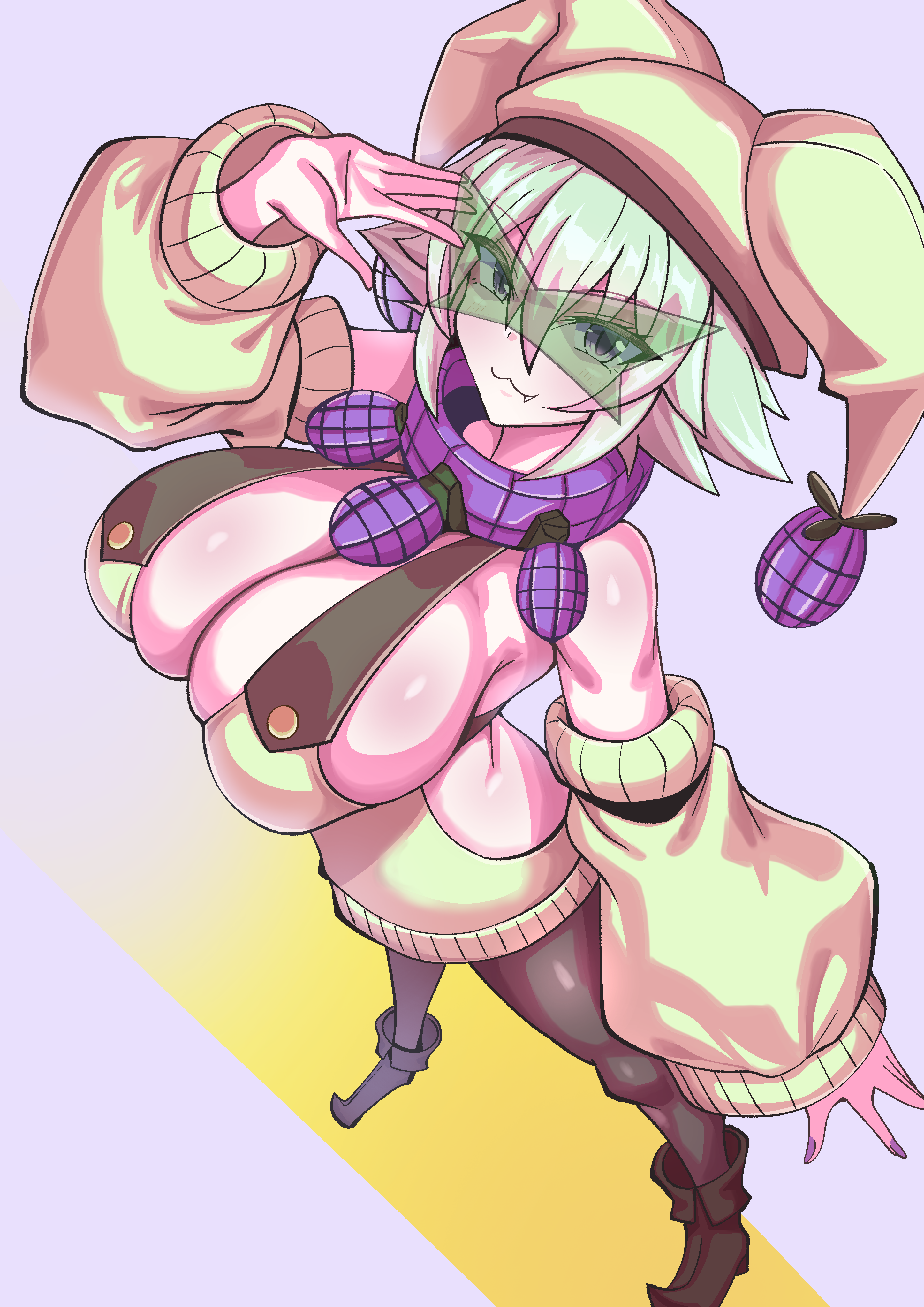yokomiya4538, meowscarada, nintendo, pokemon, absurdres, commentary request, highres, 1girl, :3, arm warmers, breasts, cleavage, detached sleeves, fang, green hair, hat, large breasts, pantyhose, personification, purple eyes, smirk, solo