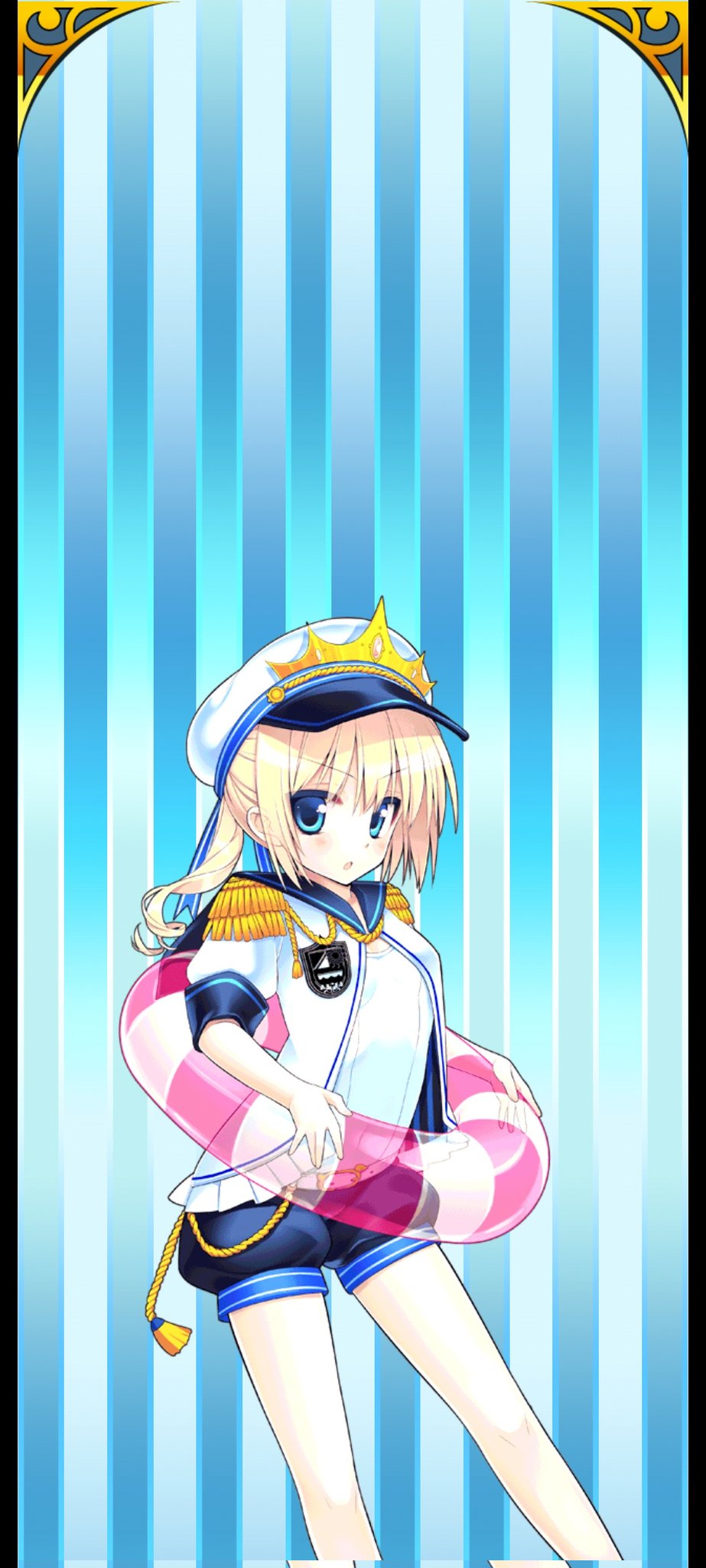 giuniu, uchi no hime-sama ga ichiban kawaii, highres, 1girl, blonde hair, blue eyes, blue sailor collar, blue shorts, breasts, epaulettes, hat, innertube, medium hair, mel oceano, puffy short sleeves, puffy sleeves, sailor collar, shirt, short sleeves, shorts, small breasts, swim ring, white shirt