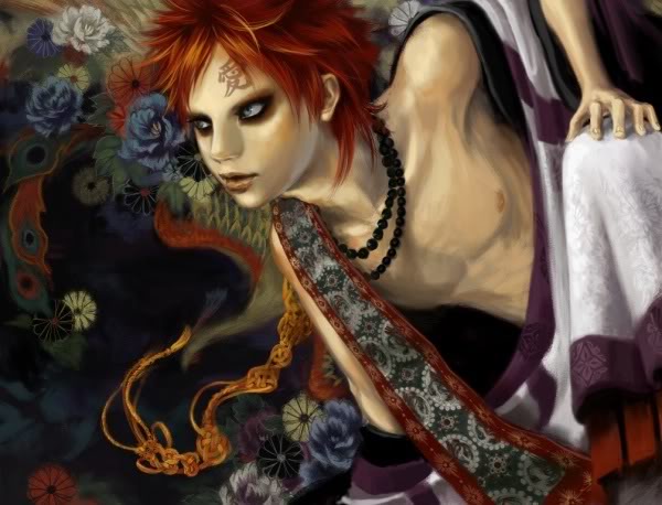 as (ashes), gaara (naruto), naruto (classic), naruto (series), 1boy, alternate costume, eyeliner, eyeshadow, facial mark, flower, green eyes, jewelry, makeup, male focus, necklace, open clothes, painterly, parted lips, realistic, red hair, sash, squatting