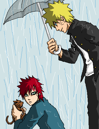 fumio (faint), gaara (naruto), uzumaki naruto, naruto (classic), naruto (series), lowres, rain, red hair
