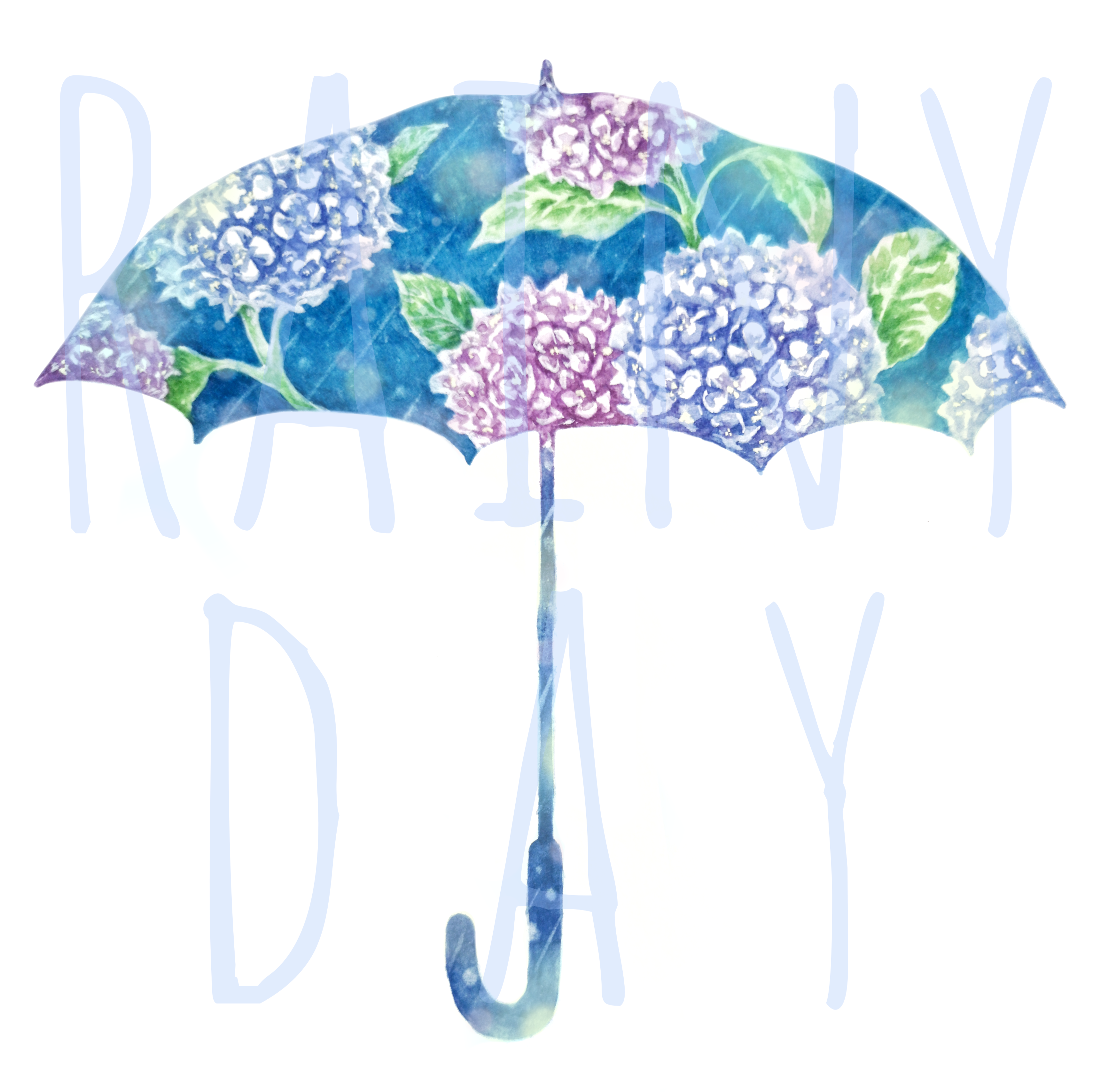kanou (pixiv 37964562), original, absurdres, commentary, commentary request, english commentary, highres, mixed-language commentary, painting (medium), traditional media, watercolor (medium), blue flower, blue umbrella, floral print, flower, hydrangea, no humans, pink flower, print umbrella, rain, simple background, still life, umbrella, watermark, white background