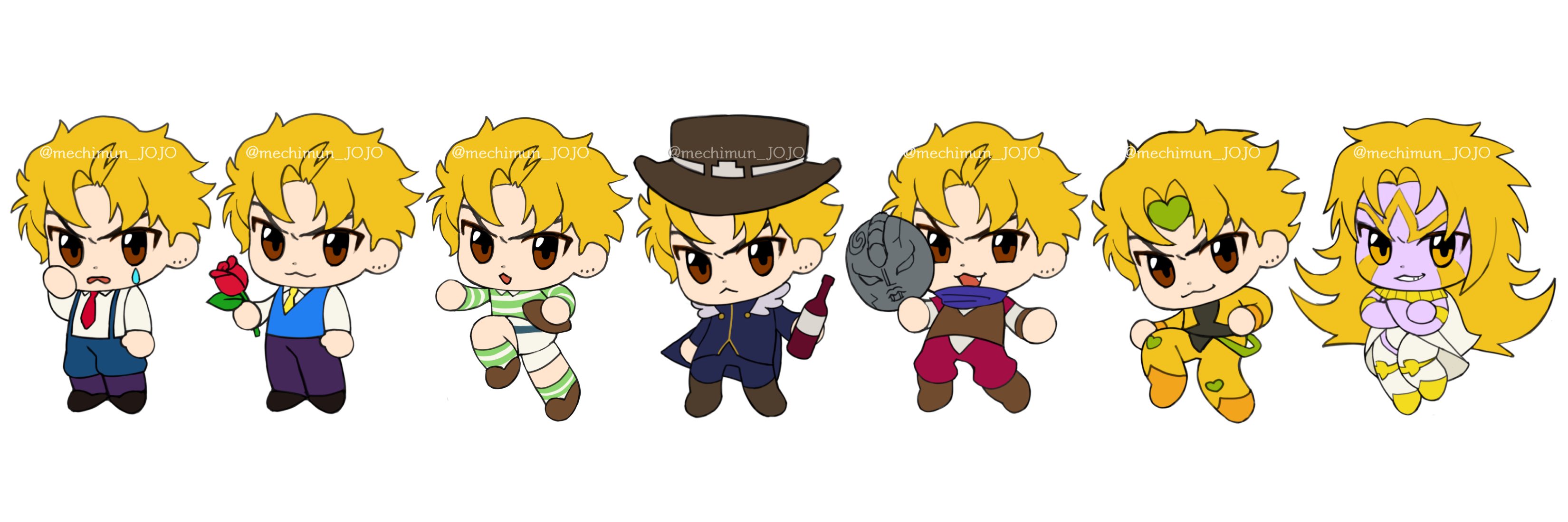 mechimun jojo, dio brando, heaven ascended dio, jojo no kimyou na bouken, jojo no kimyou na bouken: eyes of heaven, phantom blood, stardust crusaders, absurdres, highres, 1boy, :3, american football (object), ball, blonde hair, bottle, chibi, collared shirt, colored skin, crossed arms, facial mark, fang, flower, fur-trimmed jacket, fur trim, grin, hand up, hat, headband, holding, holding ball, holding bottle, holding flower, jacket, long hair, long sleeves, male focus, multiple persona, necktie, open mouth, purple skin, red eyes, rose, scarf, shirt, short hair, smile, standing, standing on one leg, stone mask (jojo), striped clothes, striped shirt, suspenders, teardrop, vest