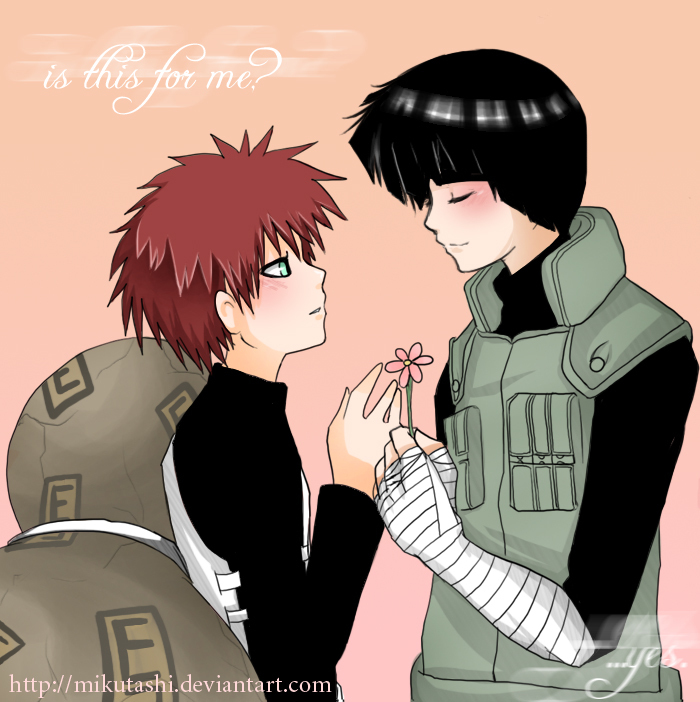 mikutashi, gaara, rock lee, naruto, blush, flower, yaoi