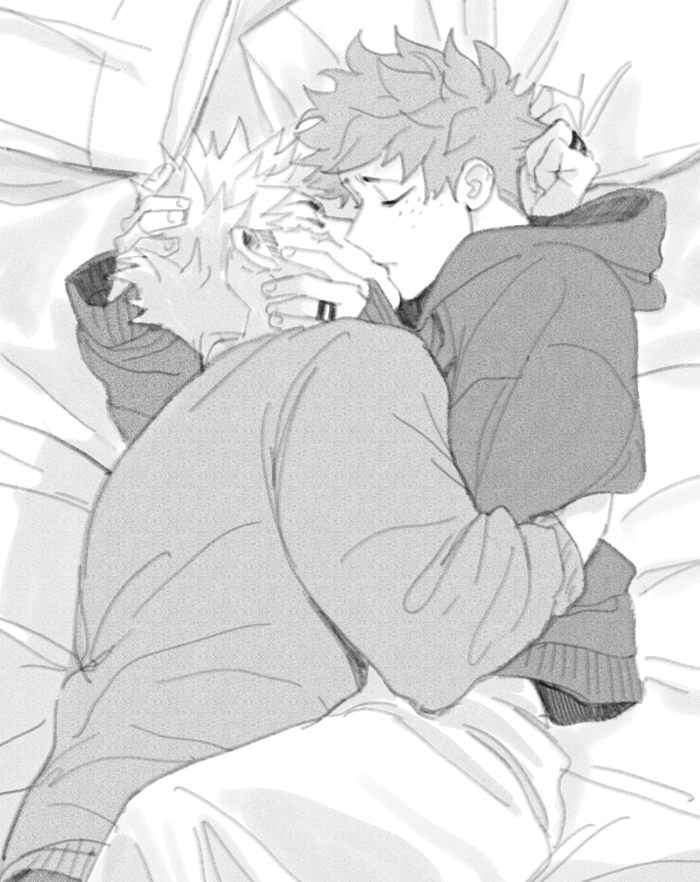 5mll3, bakugou katsuki, midoriya izuku, boku no hero academia, 2boys, closed eyes, cowboy shot, facial scar, freckles, greyscale, hand on another's face, hand on another's head, hood, hood down, hoodie, jewelry, kiss, long sleeves, lying, male focus, monochrome, multiple boys, on bed, on side, pants, pillow, ring, scar, scar on cheek, scar on face, short hair, yaoi