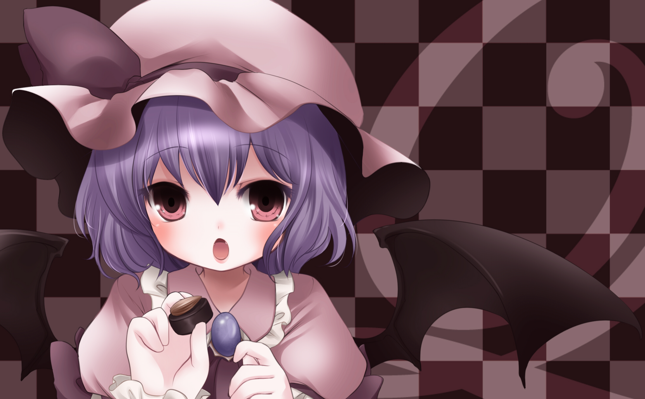 irori, remilia scarlet, touhou, bad id, bad pixiv id, highres, 1girl, bat wings, chocolate, fang, female focus, hat, purple hair, red eyes, short hair, solo, upper body, wings