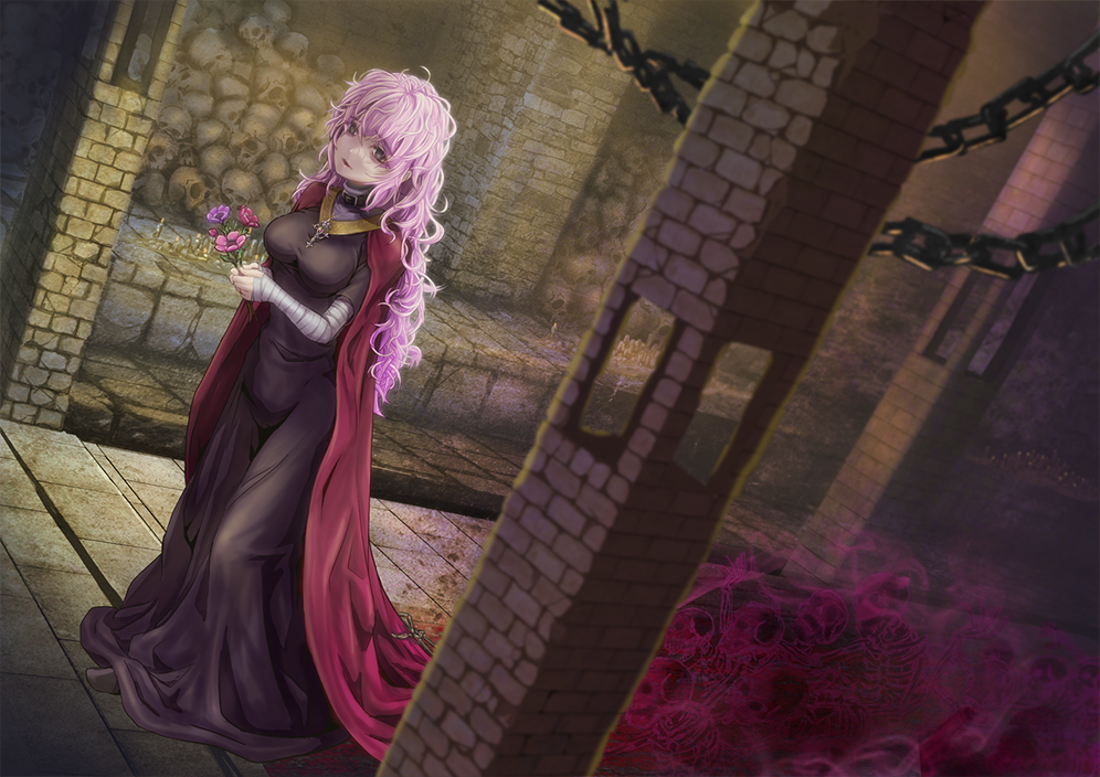 dys, original, commentary request, commission, skeb commission, 1girl, aura, bandaged arm, bandages, black dress, chain, cloak, dark aura, dress, dungeon, expressionless, fantasy, flower, grey eyes, holding, holding flower, long hair, nun, parted lips, pink hair, skeleton, skull, solo, wavy hair