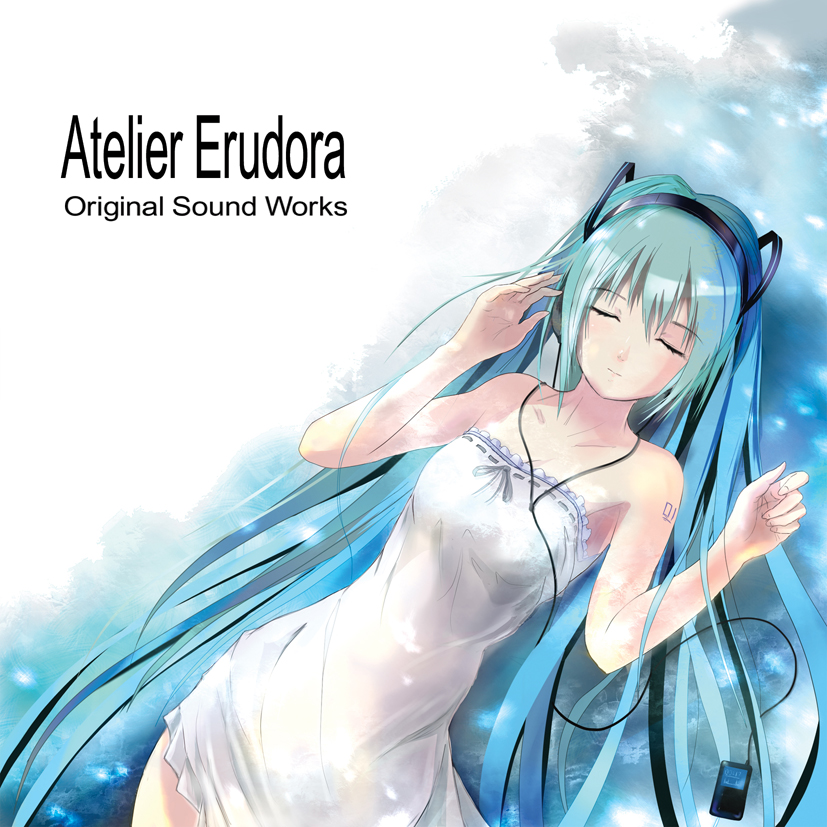 h016, hatsune miku, vocaloid, aqua hair, closed eyes, dress, headphones, ipod, long hair, lying, mp3 player, solo, tattoo, twintails, very long hair