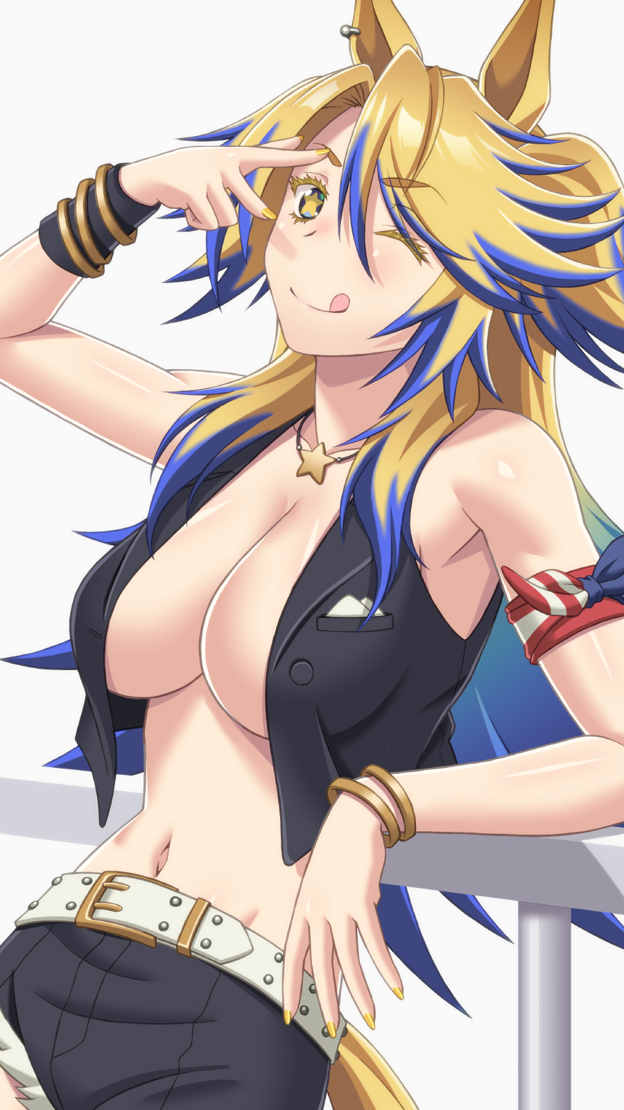 norizou, obey your master (umamusume), umamusume, umamusume: cinderella gray, commentary request, highres, 1girl, american flag, american flag print, animal ears, asymmetrical pants, bandana around arm, bare shoulders, belt, black pants, black shirt, blonde hair, blue eyes, blue hair, blush, bracelet, breasts, cleavage, closed mouth, flag print, horse ears, horse girl, horse tail, jewelry, large breasts, leaning back, long hair, looking at viewer, multicolored hair, navel, necklace, one eye closed, open clothes, open shirt, pants, shirt, simple background, smile, solo, star-shaped pupils, star (symbol), star necklace, stomach, symbol-shaped pupils, tail, tongue, tongue out, two-tone hair, upper body, w, white belt, yellow nails