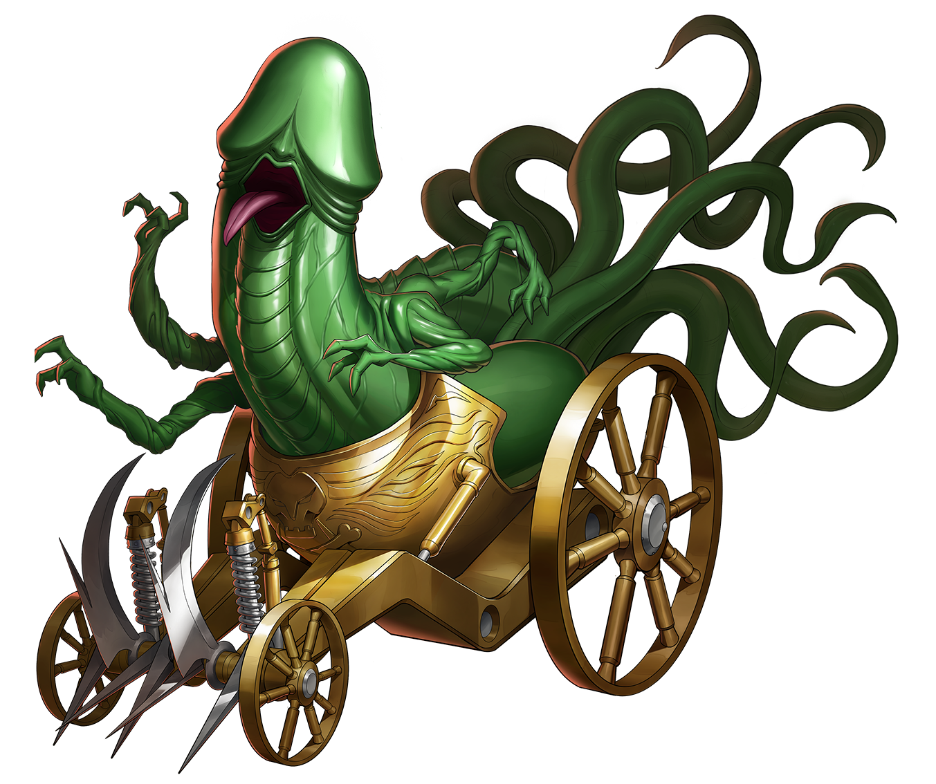mara (megami tensei), persona, persona 5, persona 5: the phantom x, shin megami tensei, artist request, official art, third-party source, chariot, colored skin, demon (megami tensei), extra arms, green skin, misplaced genitals, no humans, open mouth, penis head, skull and crossbones, solo, spring (object), tentacles, tongue, tongue out, transparent background