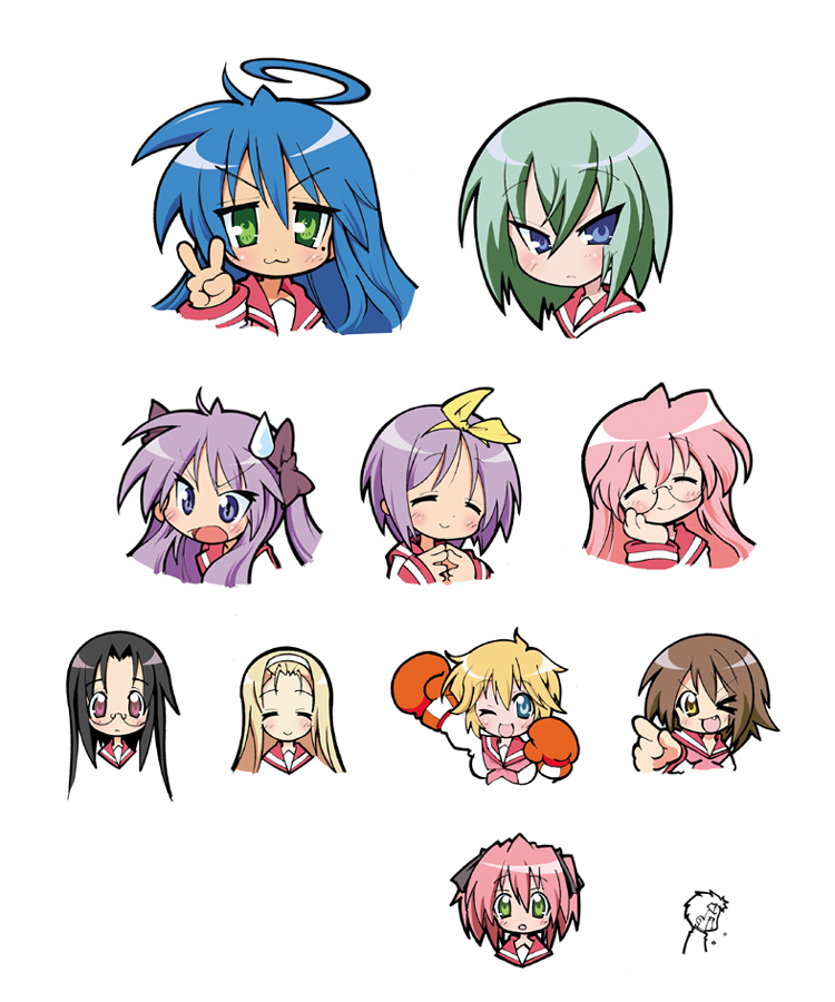usuiken, hiiragi kagami, hiiragi tsukasa, iwasaki minami, izumi konata, kobayakawa yutaka, kusakabe misao, minegishi ayano, patricia martin, shiraishi minoru, takara miyuki, tamura hiyori, lucky star, bad id, bad pixiv id, 00s, 1boy, 6+girls, :3, ahoge, angry, black hair, blonde hair, blue eyes, blue hair, blush, boxing gloves, brown hair, closed eyes, fang, glasses, green eyes, green hair, hair ribbon, mole, mole under eye, multiple girls, one eye closed, pink hair, pointing, purple eyes, ribbon, school uniform, serafuku, short twintails, siblings, simple background, sisters, smile, sweatdrop, tareme, tears, tsurime, twins, twintails, v, white background, wink