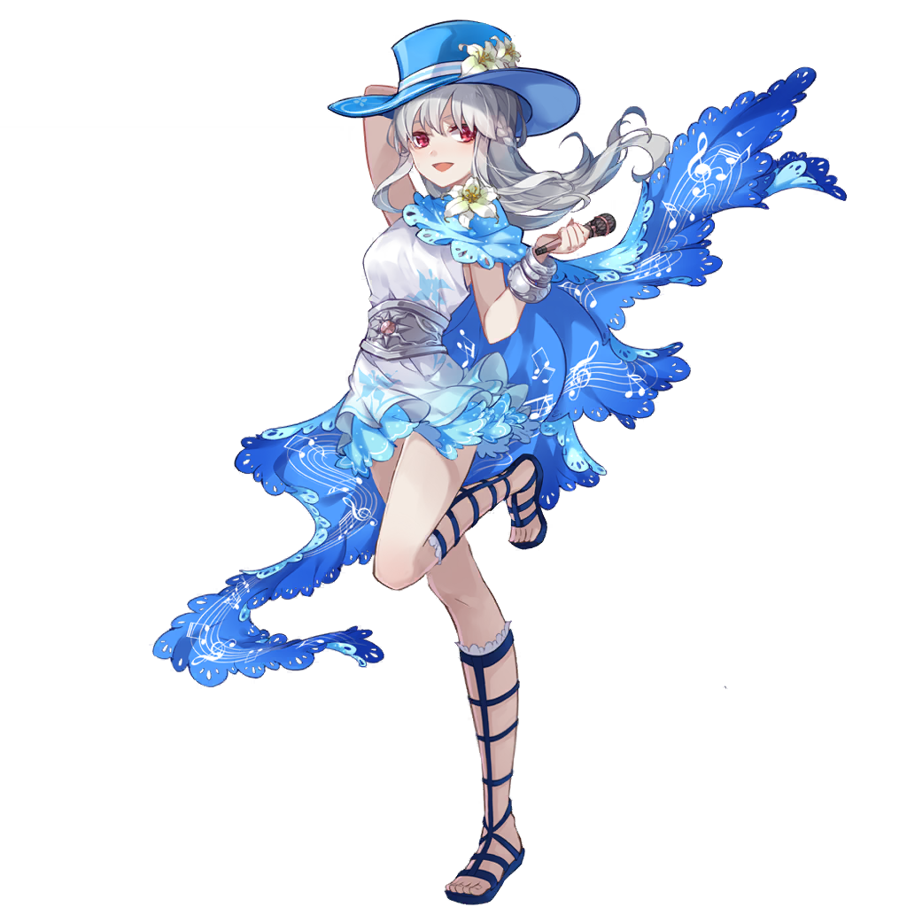 benghuai xueyuan, honkai (series), official art, 1girl, blue hat, blue sandals, blue scarf, blue skirt, bracelet, death sonata (benghuai xueyuan), dress, flower, full body, hat, hat flower, holding, holding microphone, jewelry, leg up, long hair, microphone, open mouth, red eyes, sandals, scarf, silver bracelet, skirt, smile, solo, transparent background, white dress, white flower, white hair