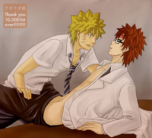 fumio (faint), gaara (naruto), uzumaki naruto, naruto (classic), naruto (series), lowres, 2boys, male focus, multiple boys, open clothes, open shirt, red hair, shirt, spread legs, yaoi