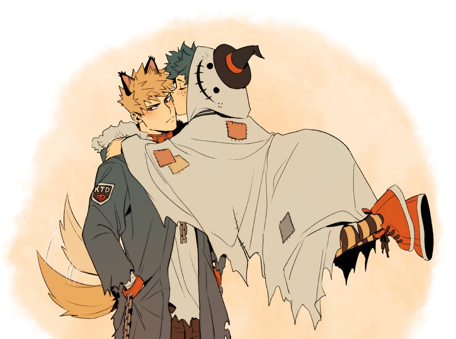 5mll3, bakugou katsuki, midoriya izuku, boku no hero academia, 2boys, animal ears, arms around neck, blonde hair, blush, chain, closed eyes, closed mouth, coat, cuffs, floating, freckles, fur-trimmed hood, fur trim, ghost costume, green hair, grey coat, halloween costume, hat, hood, hood down, hood up, hooded coat, kiss, kissing cheek, leggings, looking to the side, male focus, mini hat, mini witch hat, multiple boys, official alternate costume, patchwork clothes, red eyes, red shoes, shackles, shoes, short hair, sideways glance, sneakers, spiked hair, striped leggings, tail, tail wagging, torn clothes, torn sleeves, v-shaped eyebrows, witch hat, wolf boy, wolf ears, wolf tail, yaoi