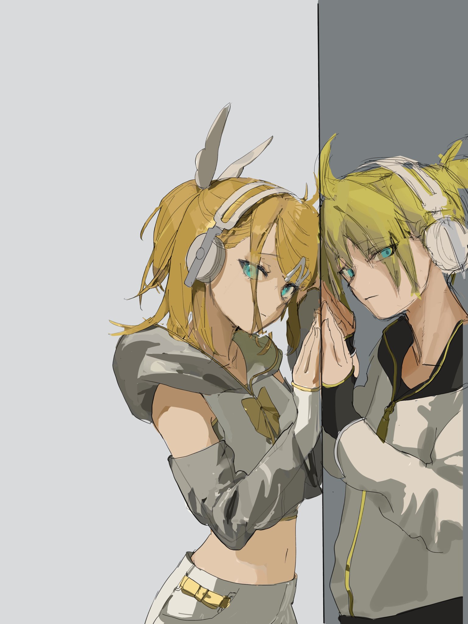 kagamine len, kagamine len (nt), kagamine rin, kagamine rin (nt), piapro studio, vocaloid, hashtag-only commentary, highres, 1boy, 1girl, ahoge, black gloves, black hood, black pants, blonde hair, blue eyes, bow, bowtie, closed mouth, cropped hoodie, different reflection, expressionless, eyes visible through hair, fingerless gloves, gloves, grey hood, grey sleeves, hair bow, hair ornament, hairclip, half updo, hand on mirror, head tilt, headphones, hood, hood down, hoodie, layered sleeves, long sleeves, looking at viewer, medium hair, midriff, navel, pants, parted bangs, phyordi 9y9, ponytail, reflection, short ponytail, shorts, side part, sidelocks, sketch, sleeveless, sleeveless hoodie, two-tone hoodie, upper body, white bow, white hoodie, white shorts, white sleeves, yellow bow, yellow bowtie