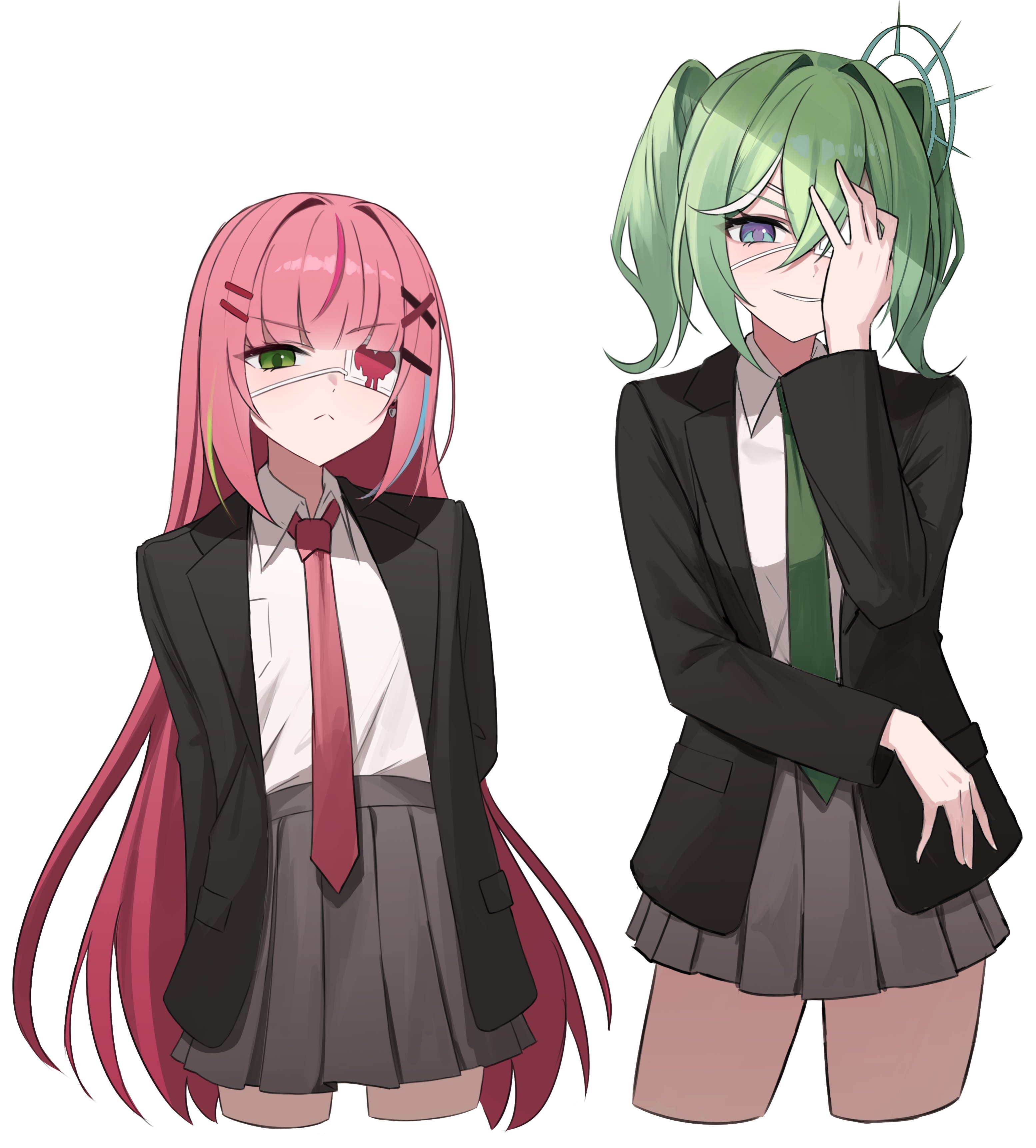 hanako nana, yuzuha riko, stellive, absurdres, commentary request, highres, korean commentary, 2girls, black jacket, blazer, closed mouth, collared shirt, color coordination, cropped legs, double-parted bangs, evil smile, eyepatch, frown, green eyes, green hair, green necktie, grey skirt, hair between eyes, hair ornament, hairclip, heart, heart print, jacket, long bangs, long hair, mask, medical eyepatch, medium hair, miniskirt, multicolored hair, multiple girls, necktie, one eye covered, open clothes, open jacket, parallel hairclips, parted lips, pink hair, pink necktie, pleated skirt, print mask, purple eyes, shirt, shirt tucked in, simple background, skirt, smile, standing, straight hair, streaked hair, twintails, v-shaped eyebrows, very long hair, virtual youtuber, white background, white shirt, wing collar, x hair ornament, yireh