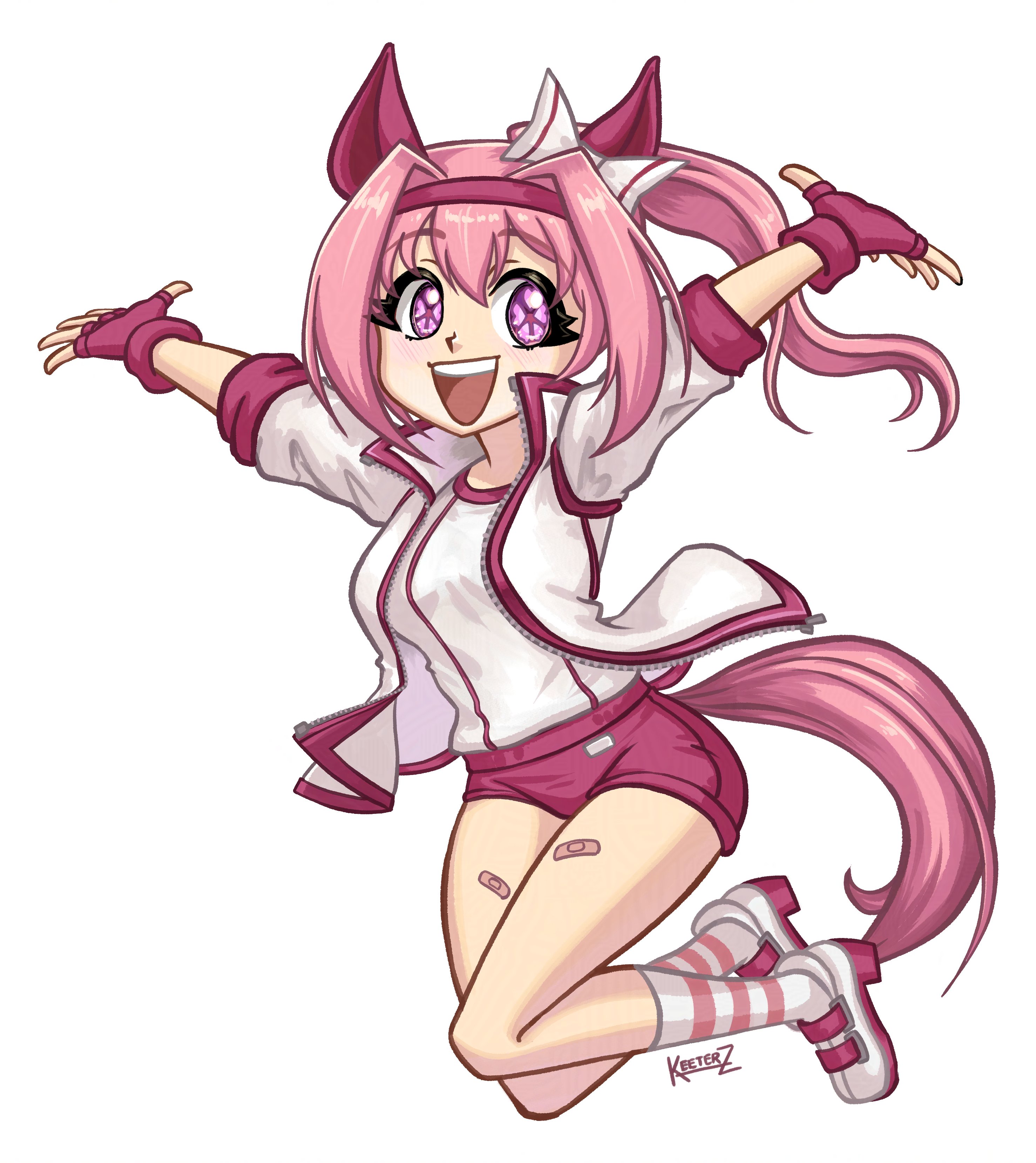 keeterz, haru urara (bestest prize) (umamusume), haru urara (umamusume), real life, absurdres, commentary, english commentary, highres, 1girl, animal ears, bandaid, bandaid on leg, blush, bow, breasts, buruma, ear bow, ear covers, fingerless gloves, flower-shaped pupils, flower in eye, full body, gloves, hairband, headband, horse ears, horse girl, horse tail, jacket, long hair, looking at viewer, open mouth, pink buruma, pink eyes, pink hair, pink headband, ponytail, red buruma, red gloves, red headband, shirt, simple background, smile, socks, solo, striped clothes, striped socks, symbol-shaped pupils, symbol in eye, tail, teeth, upper teeth only, white background, white jacket, white shirt