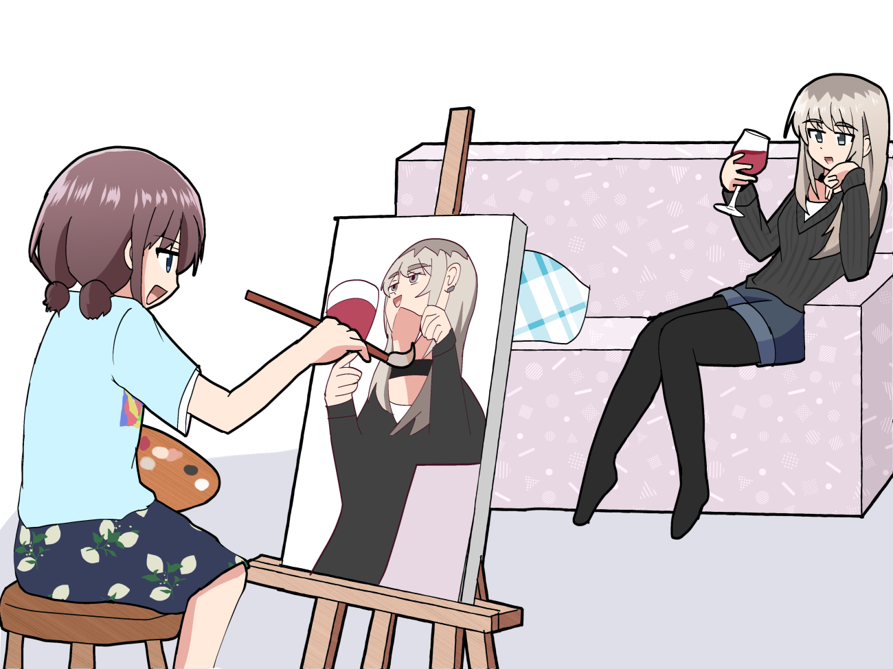 gorumosu, iseri nina, kawaragi momoka, girls band cry, 2girls, alcohol, arm support, black choker, black pantyhose, black sweater, blue eyes, blue shirt, blue shorts, blue skirt, brown hair, choker, couch, cup, drinking glass, easel, floral print, grey eyes, grey hair, head rest, holding, holding cup, holding paint palette, holding paintbrush, long hair, long sleeves, low twintails, meme, multicolored hair, multiple girls, on couch, on stool, open mouth, paint palette, paintbrush, painting (action), painting (object), pantyhose, roots (hair), shirt, short hair, short sleeves, short twintails, shorts, sitting, skirt, smile, stool, sweater, twintails, upward angle frieren drawing (meme), white shirt, wine, wine glass